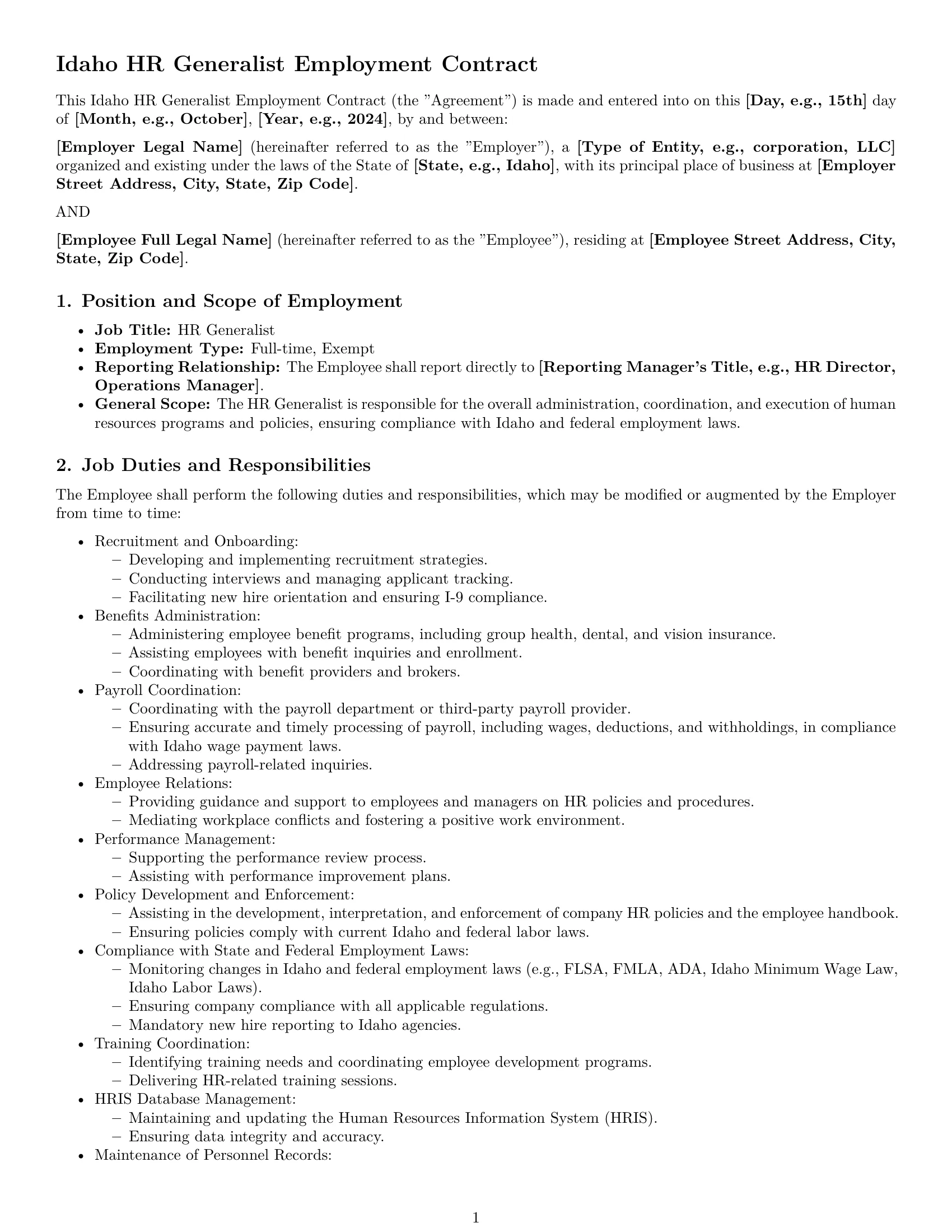 Preview page 1 of Pro Idaho HR generalist employment contract template
