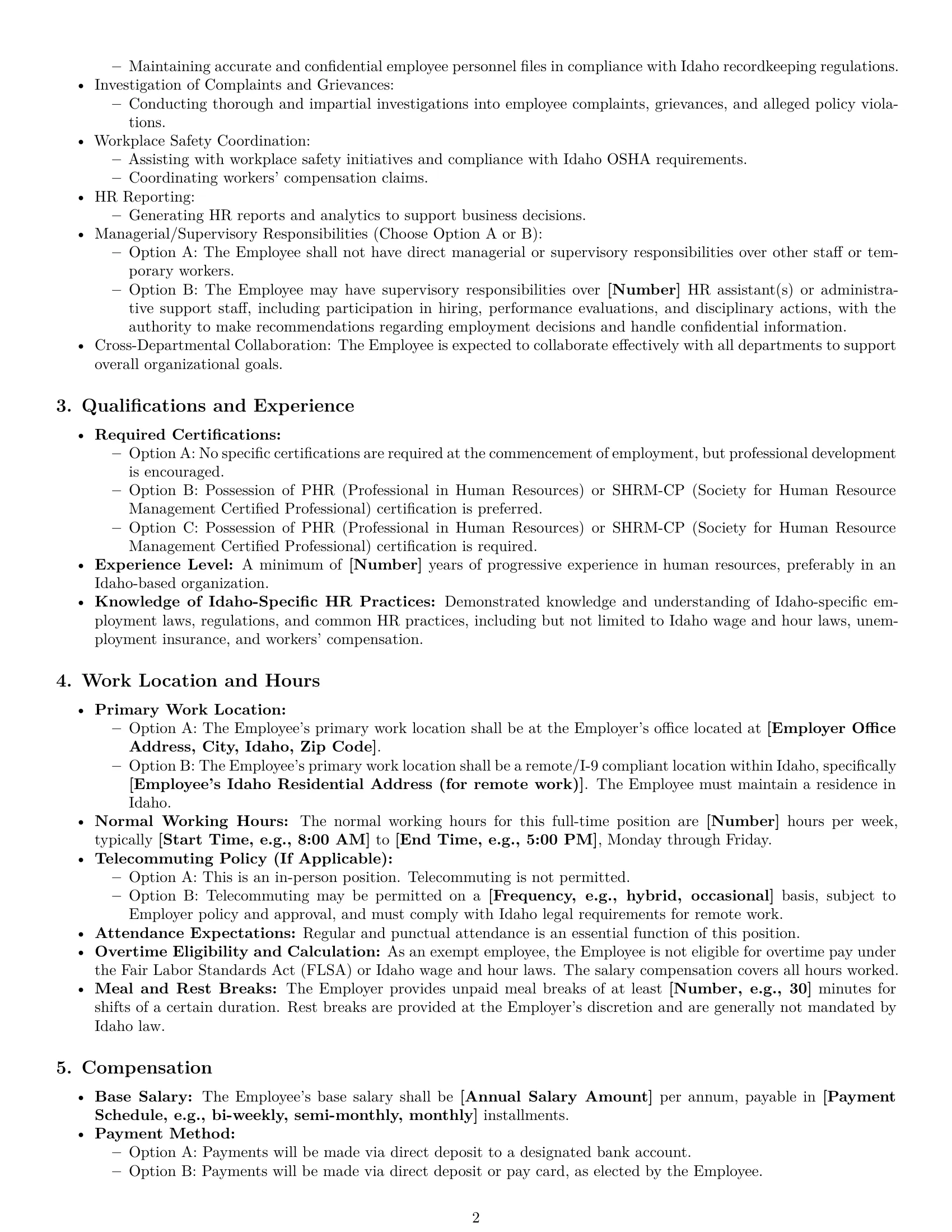 Preview page 2 of Pro Idaho HR generalist employment contract template