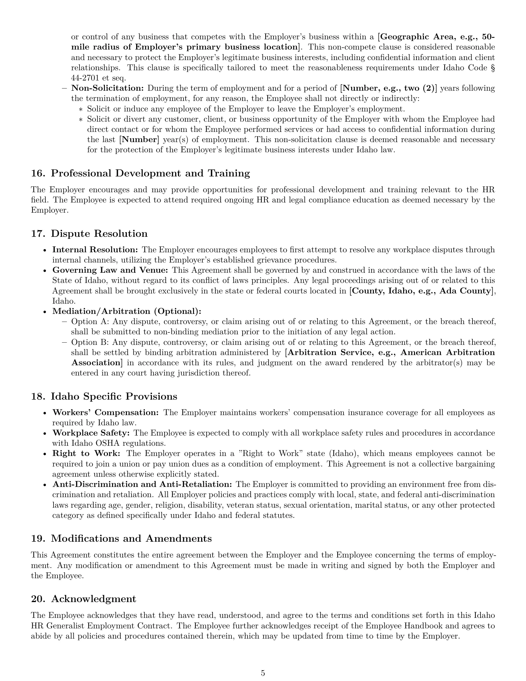 Preview page 5 of Pro Idaho HR generalist employment contract template