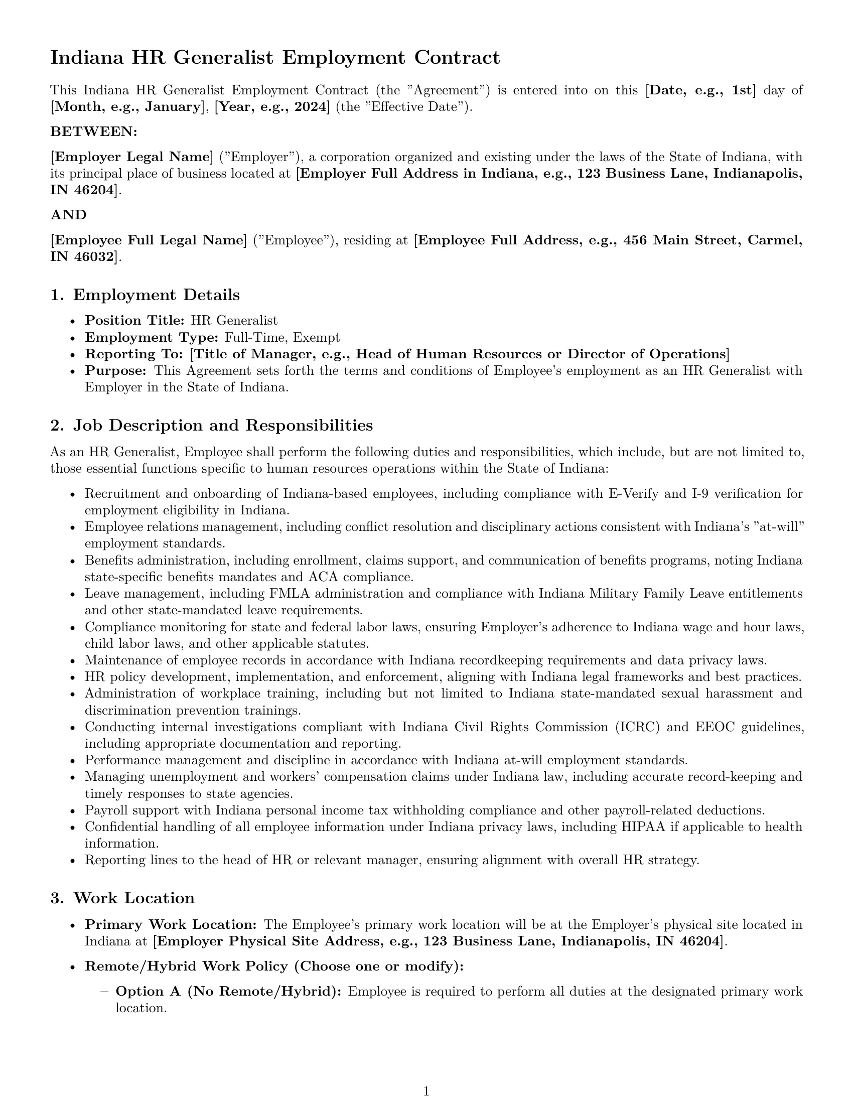 Preview page 1 of Pro Indiana HR generalist employment contract template