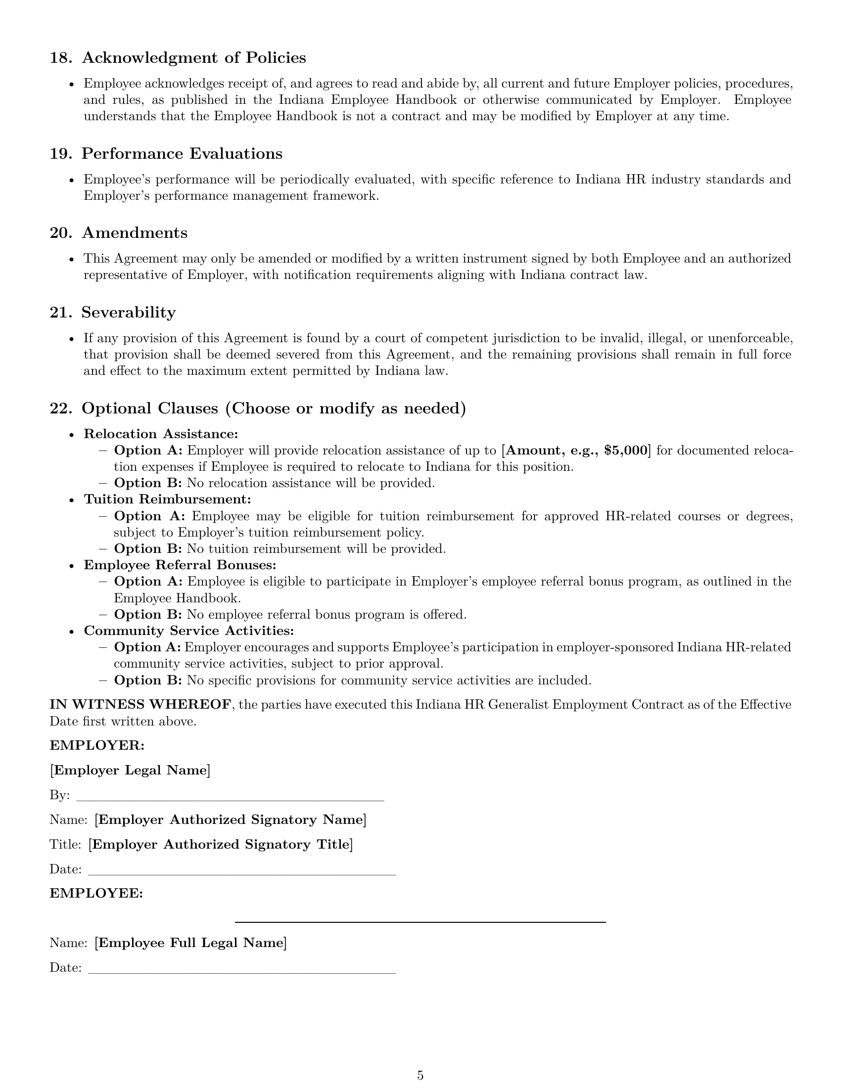 Preview page 5 of Pro Indiana HR generalist employment contract template