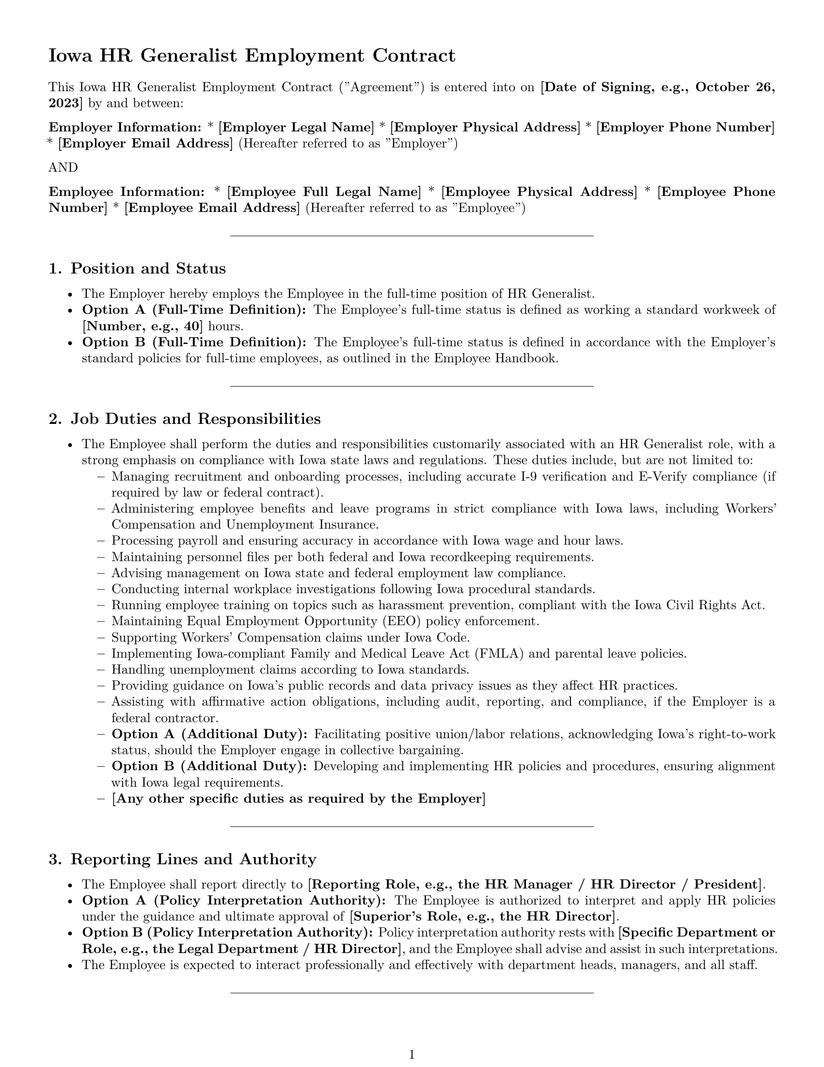 Preview page 1 of Pro Iowa HR generalist employment contract template