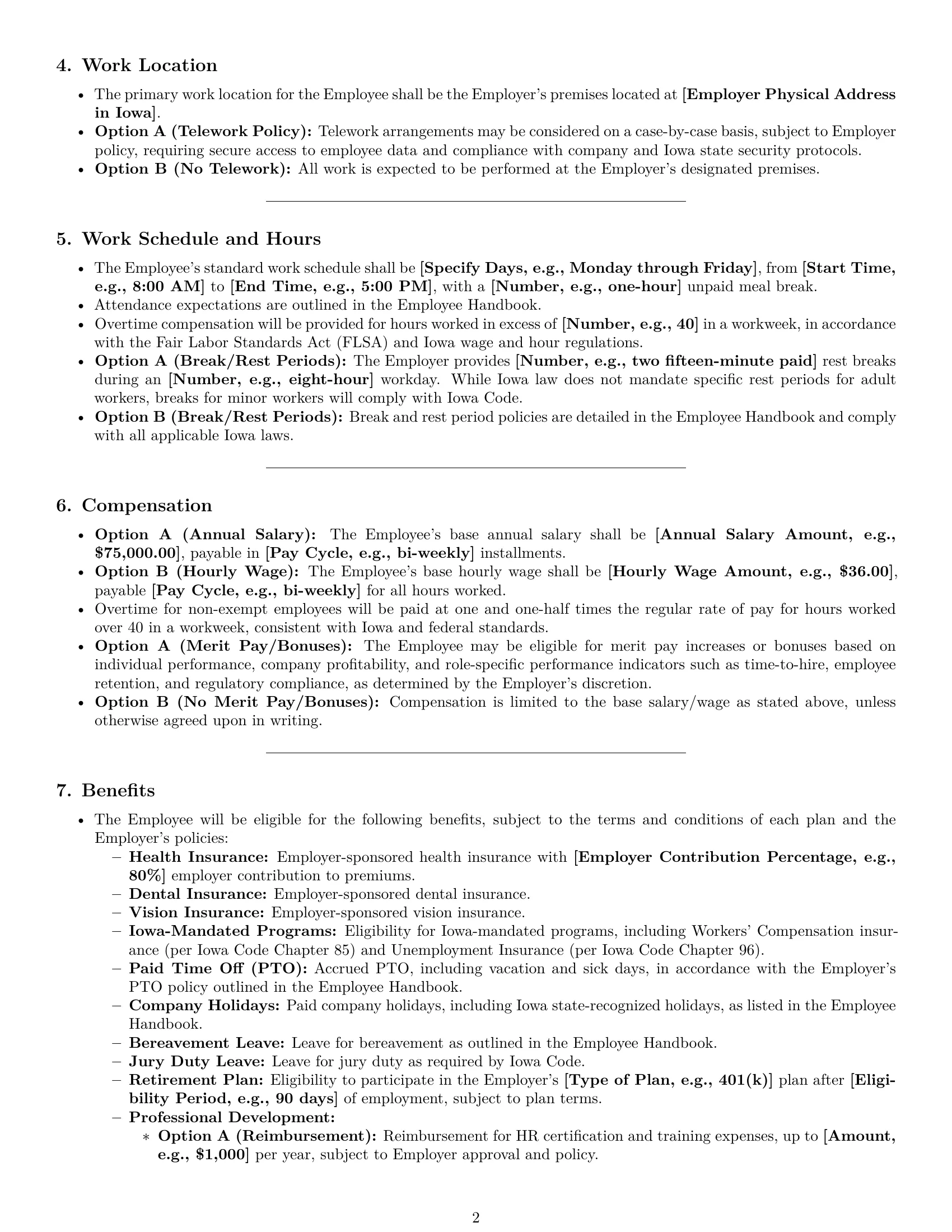 Preview page 2 of Pro Iowa HR generalist employment contract template