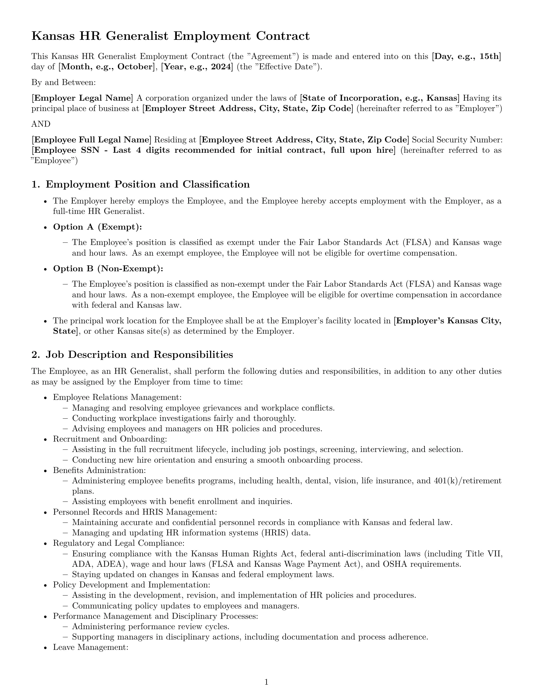 Preview page 1 of Pro Kansas HR generalist employment contract template