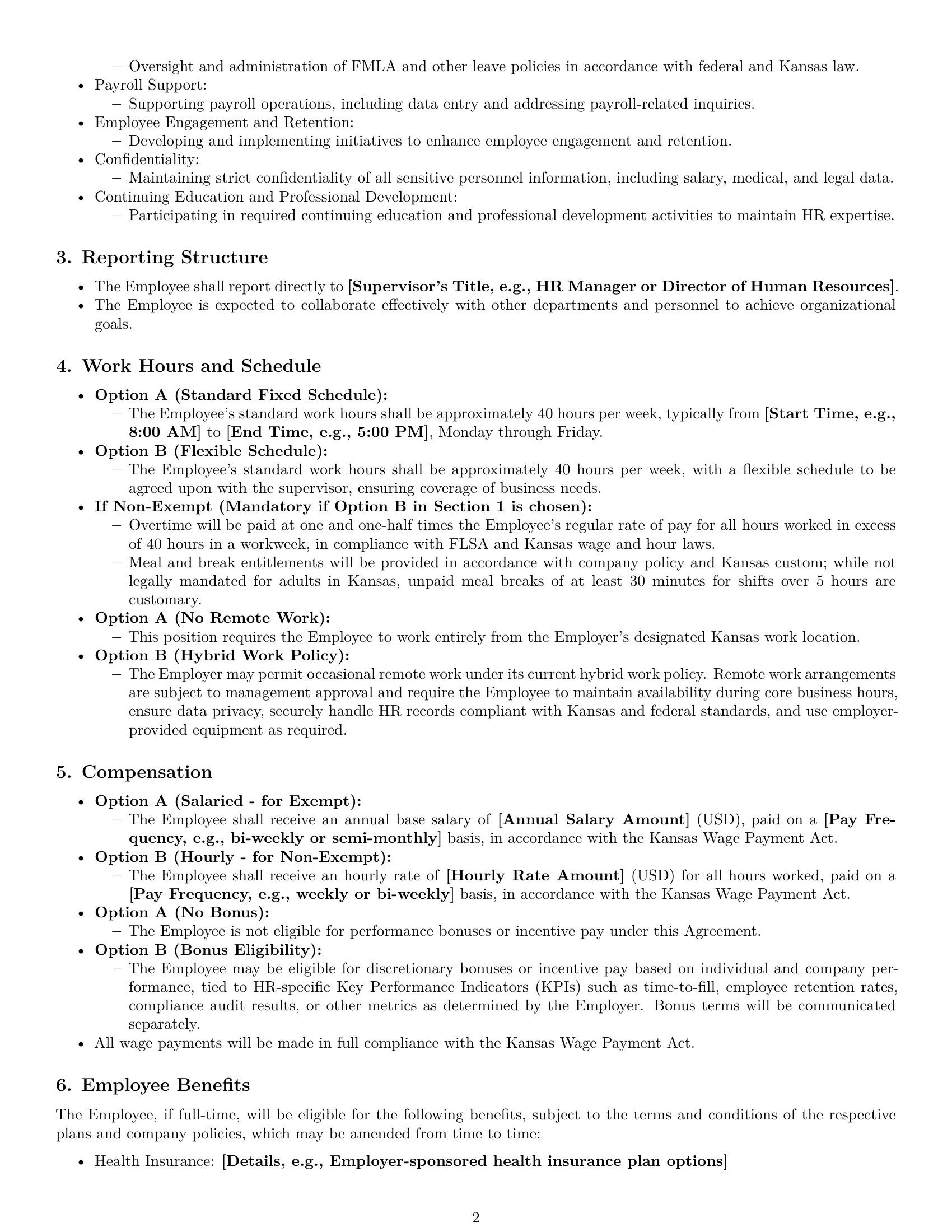 Preview page 2 of Pro Kansas HR generalist employment contract template