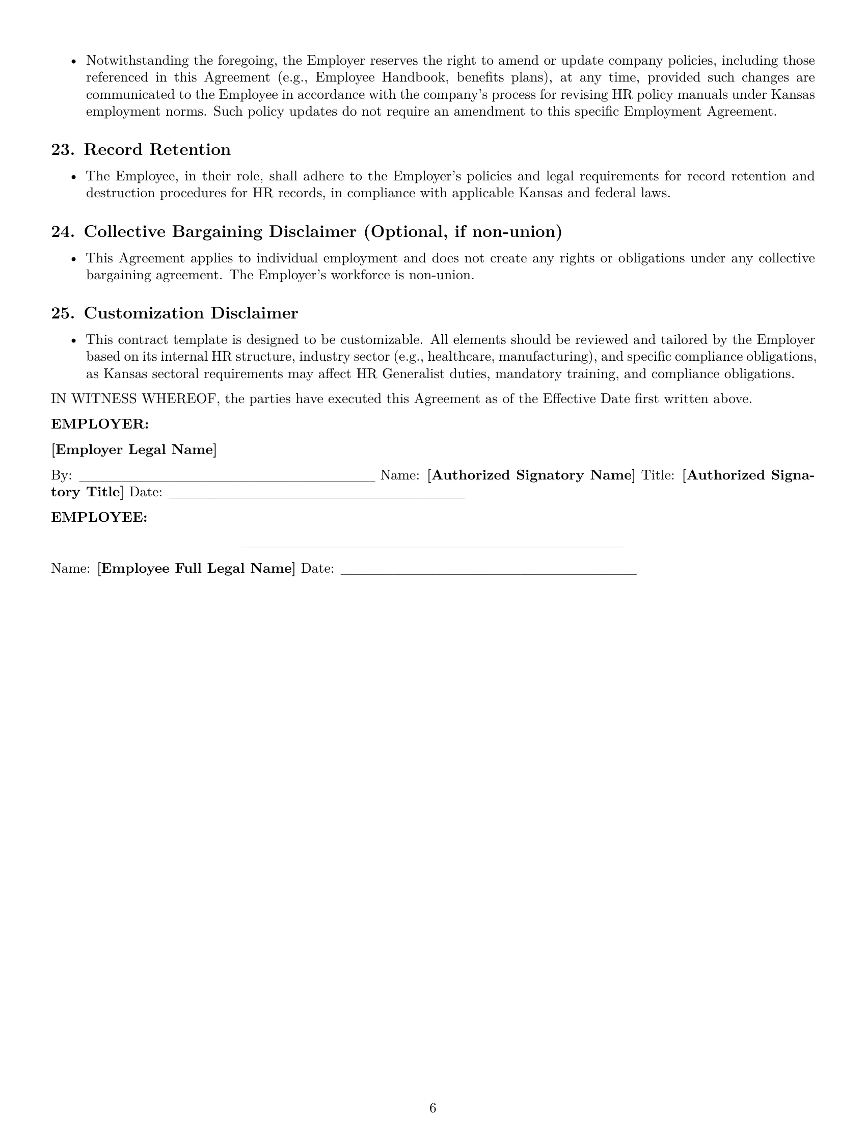 Preview page 6 of Pro Kansas HR generalist employment contract template