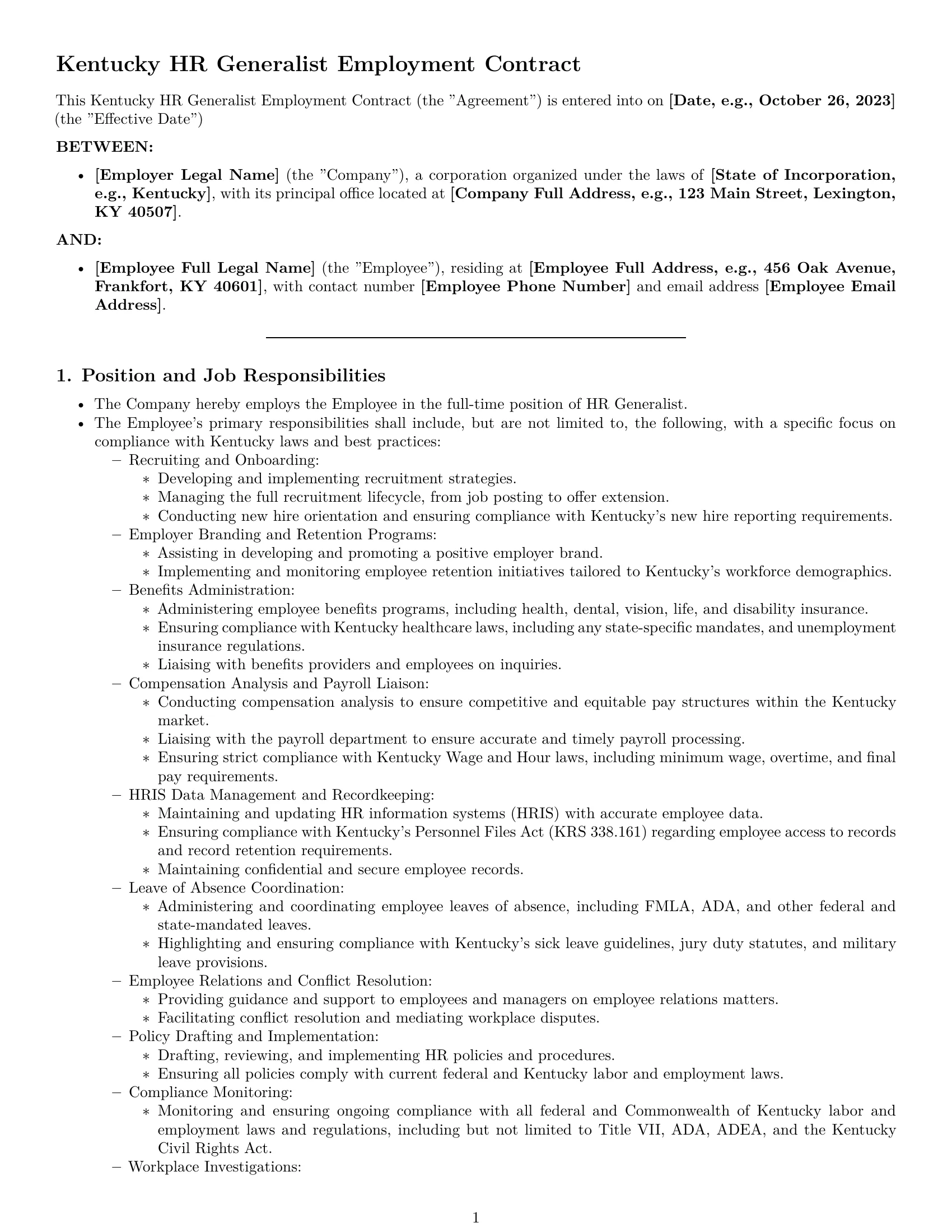 Preview page 1 of Pro Kentucky HR generalist employment contract template