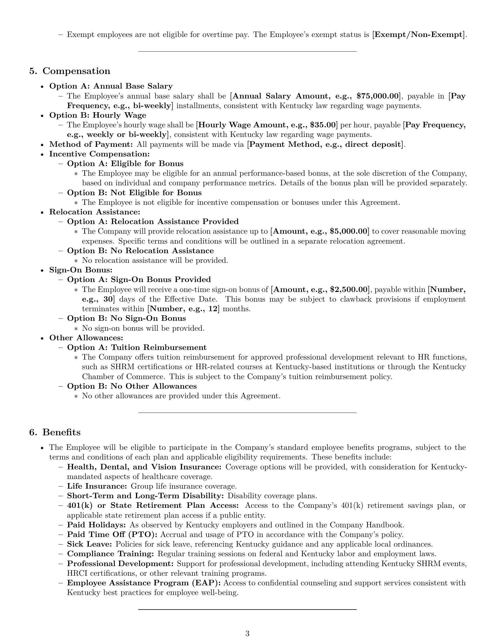 Preview page 3 of Pro Kentucky HR generalist employment contract template