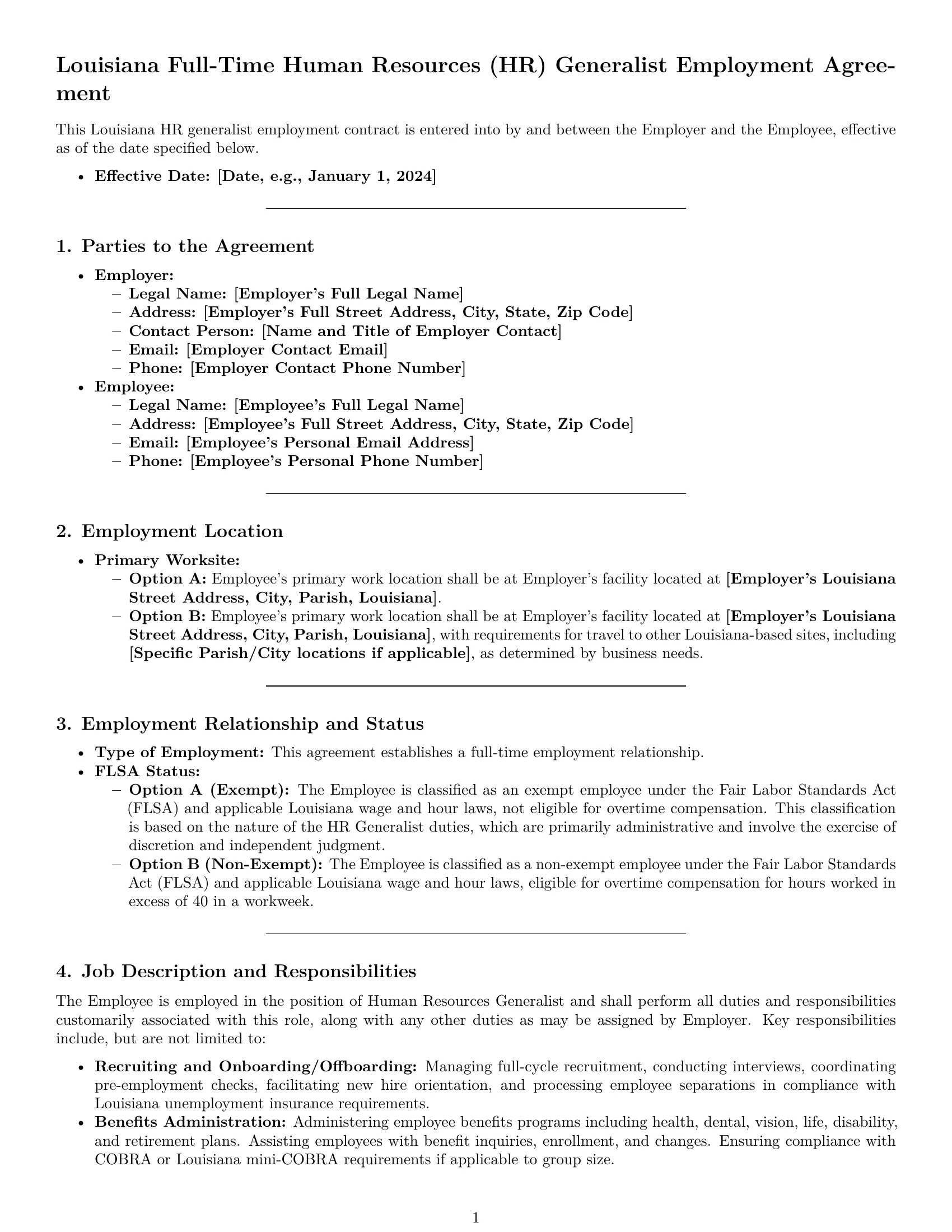 Preview page 1 of Pro Louisiana HR generalist employment contract template