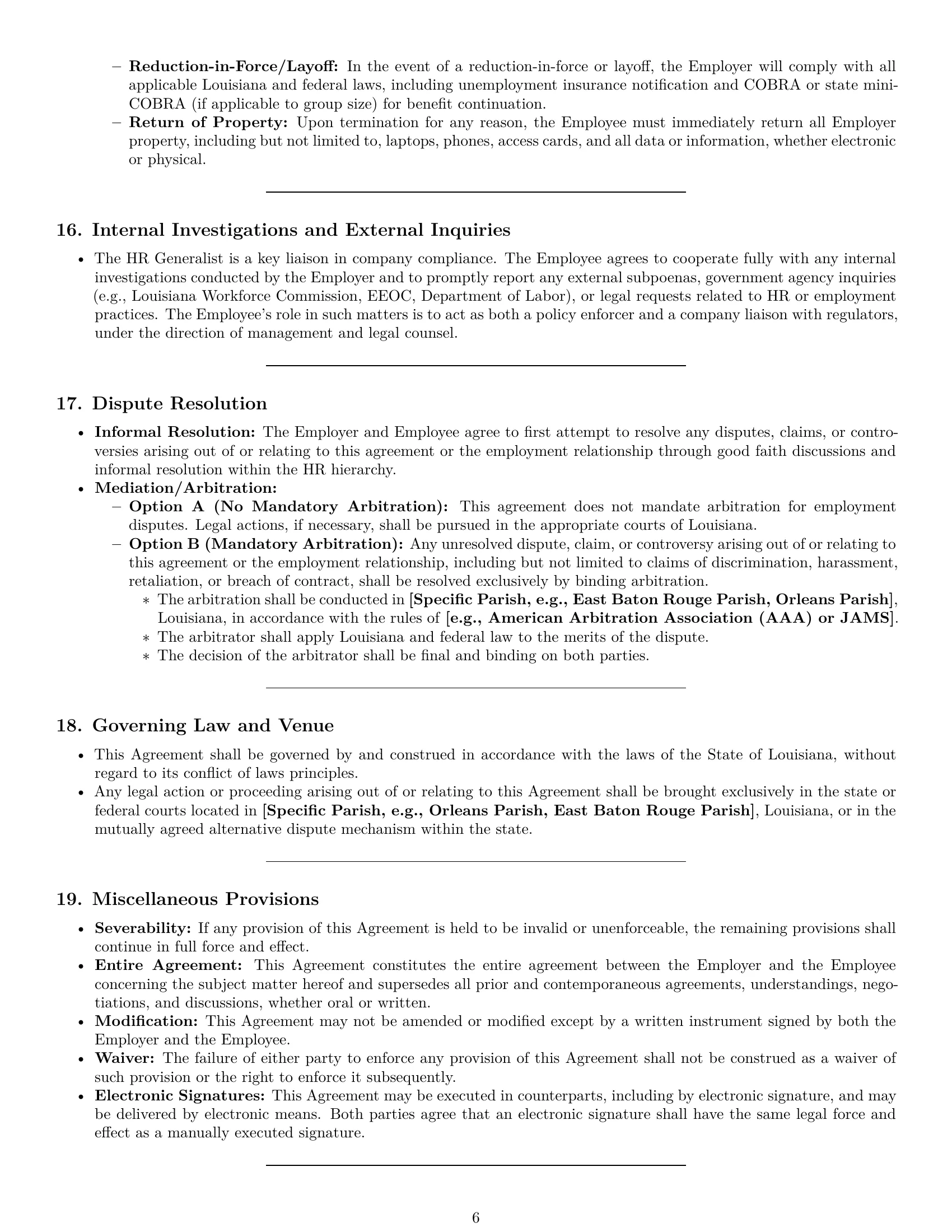 Preview page 6 of Pro Louisiana HR generalist employment contract template