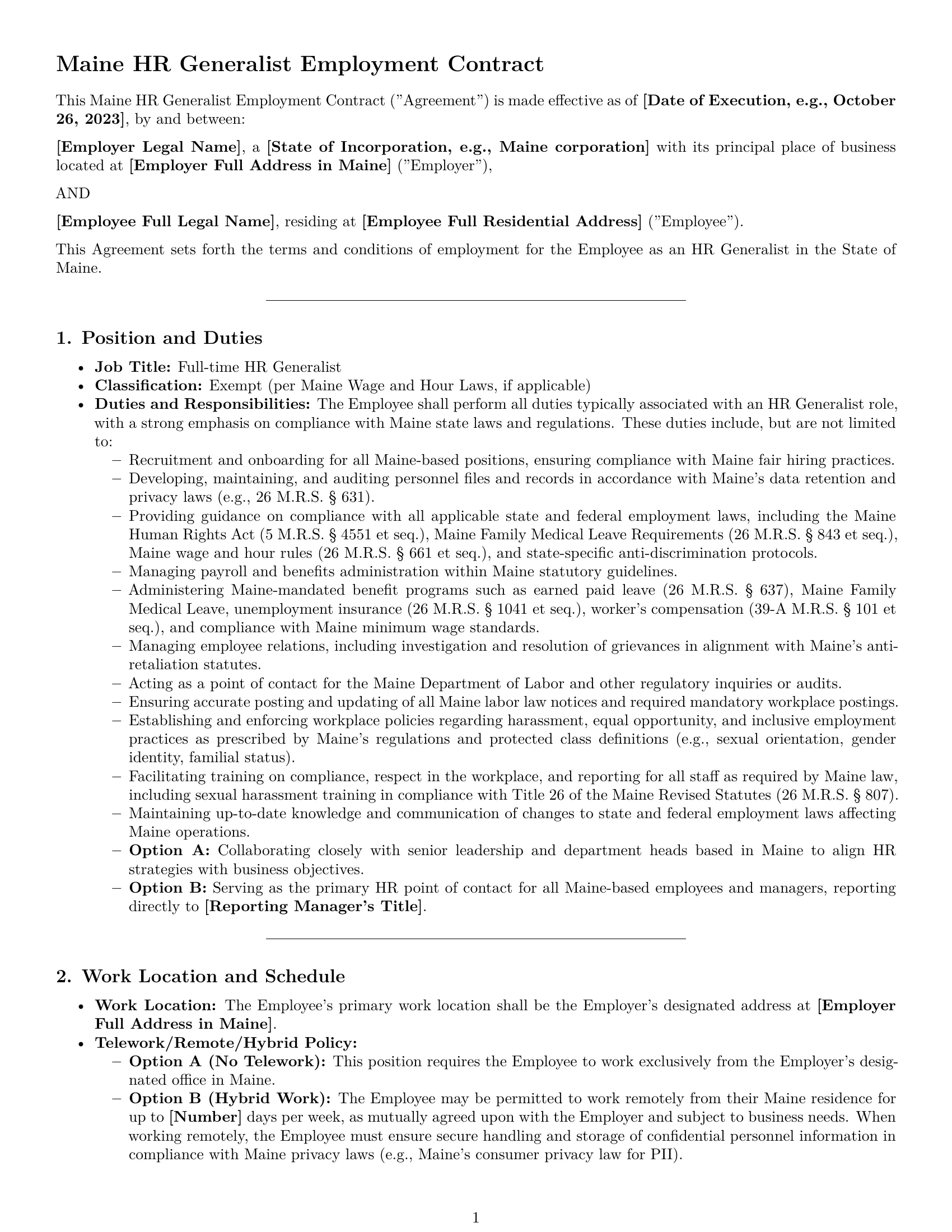 Preview page 1 of Pro Maine HR generalist employment contract template