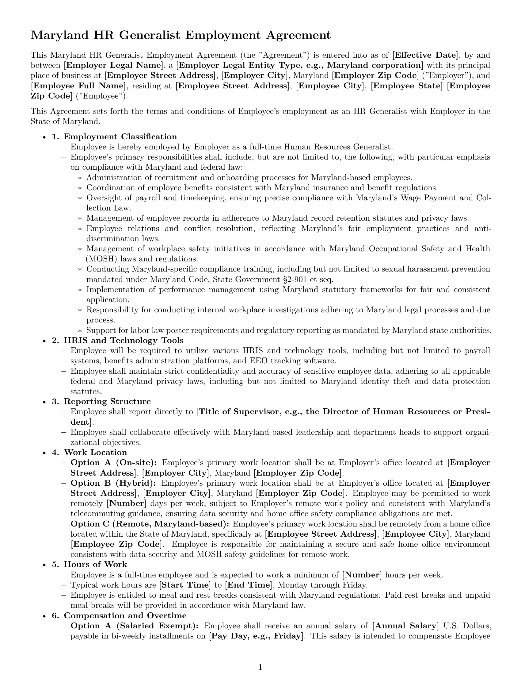 Preview page 1 of Pro Maryland HR generalist employment contract template