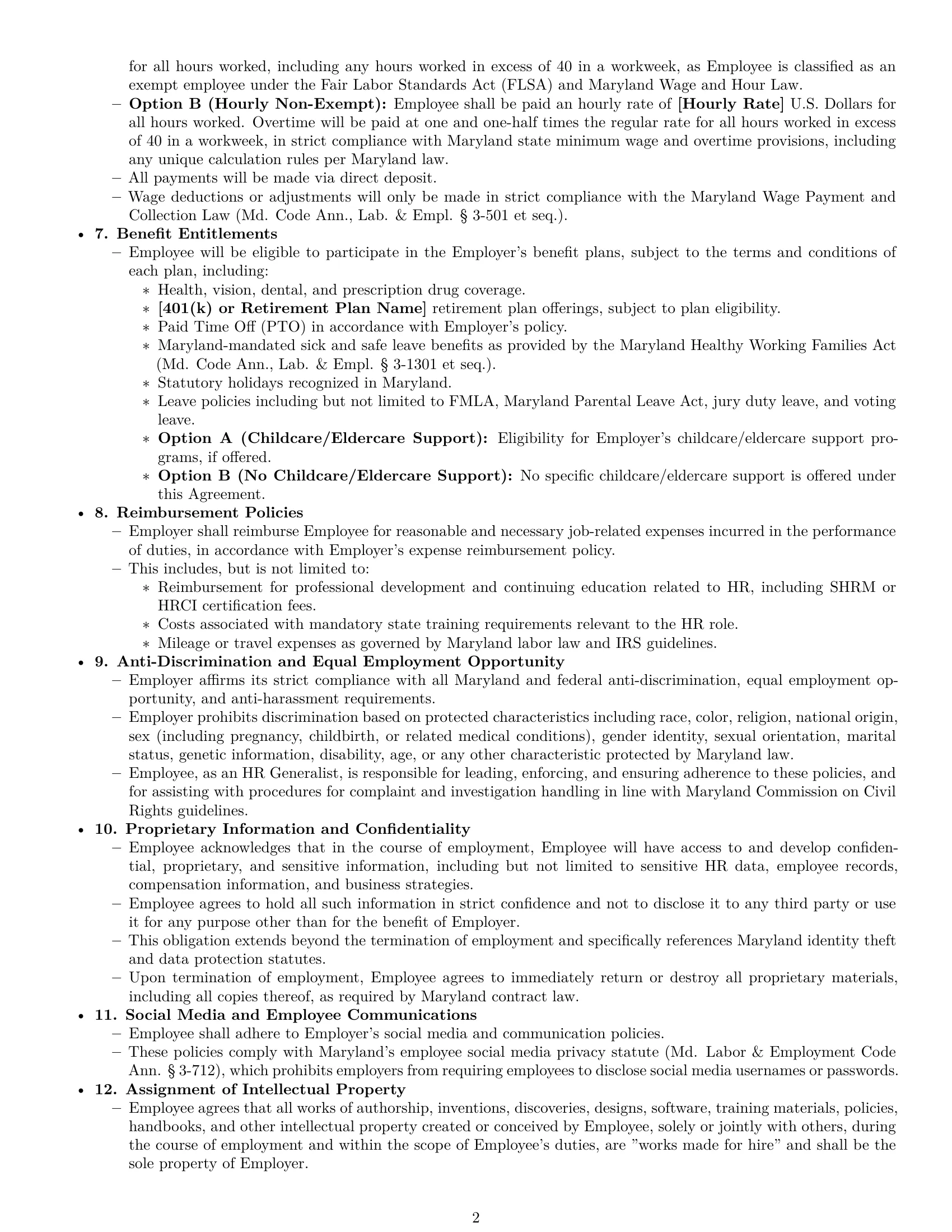 Preview page 2 of Pro Maryland HR generalist employment contract template