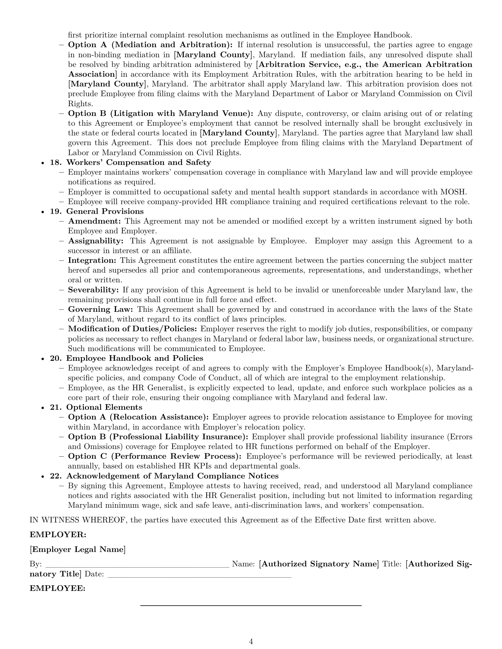 Preview page 4 of Pro Maryland HR generalist employment contract template