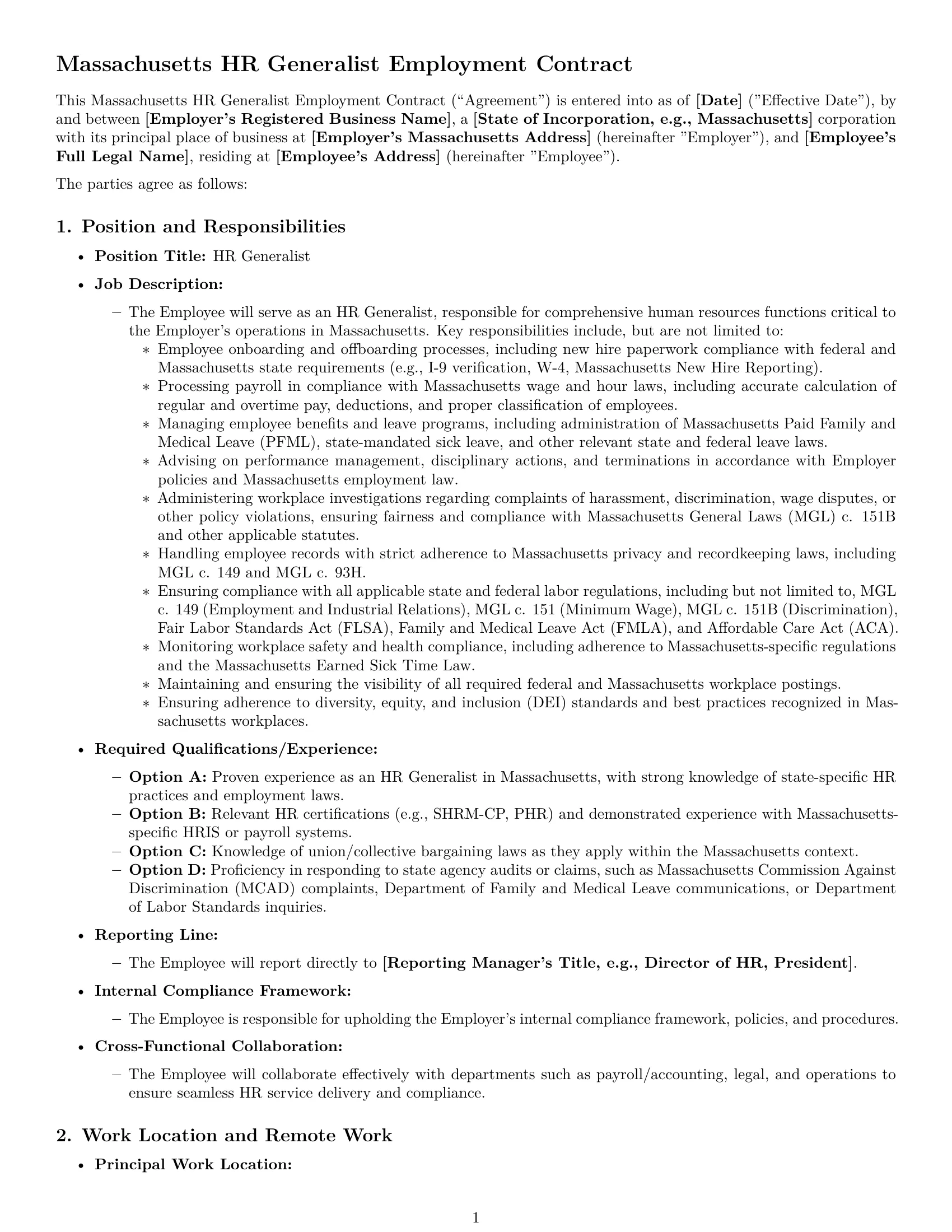 Preview page 1 of Pro Massachusetts HR generalist employment contract template