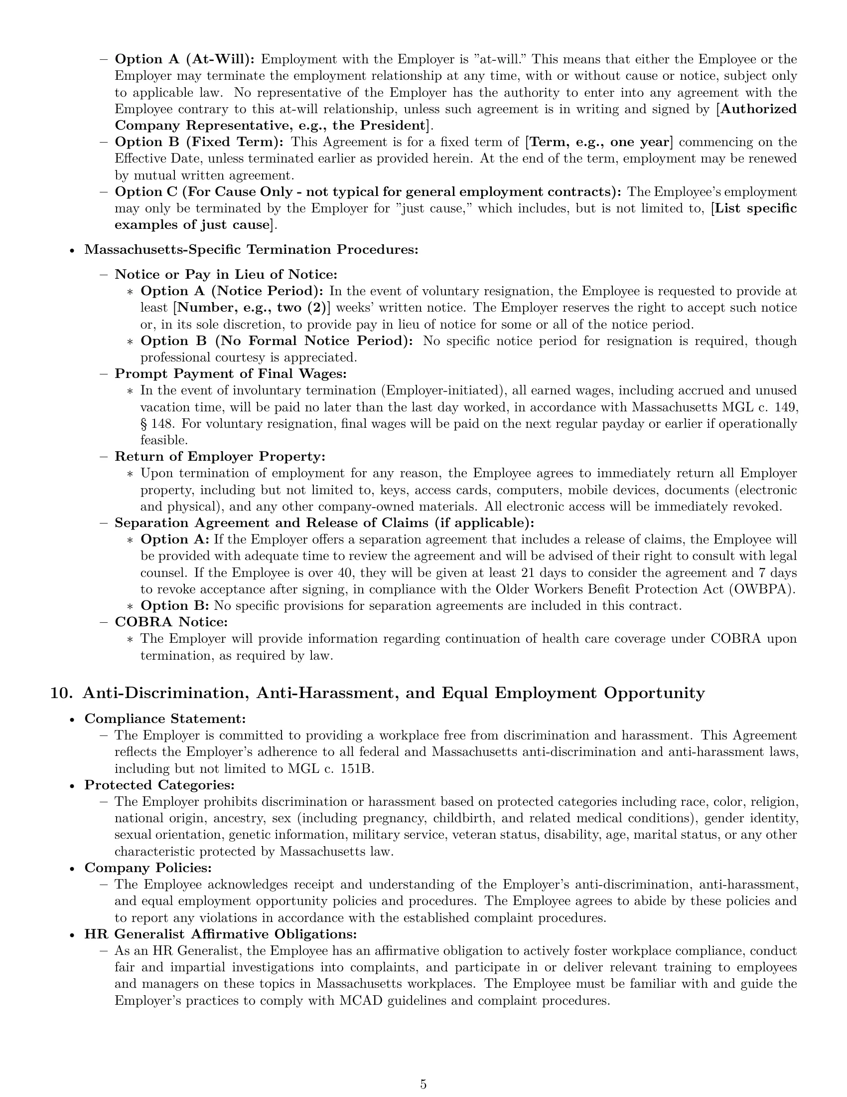 Preview page 5 of Pro Massachusetts HR generalist employment contract template