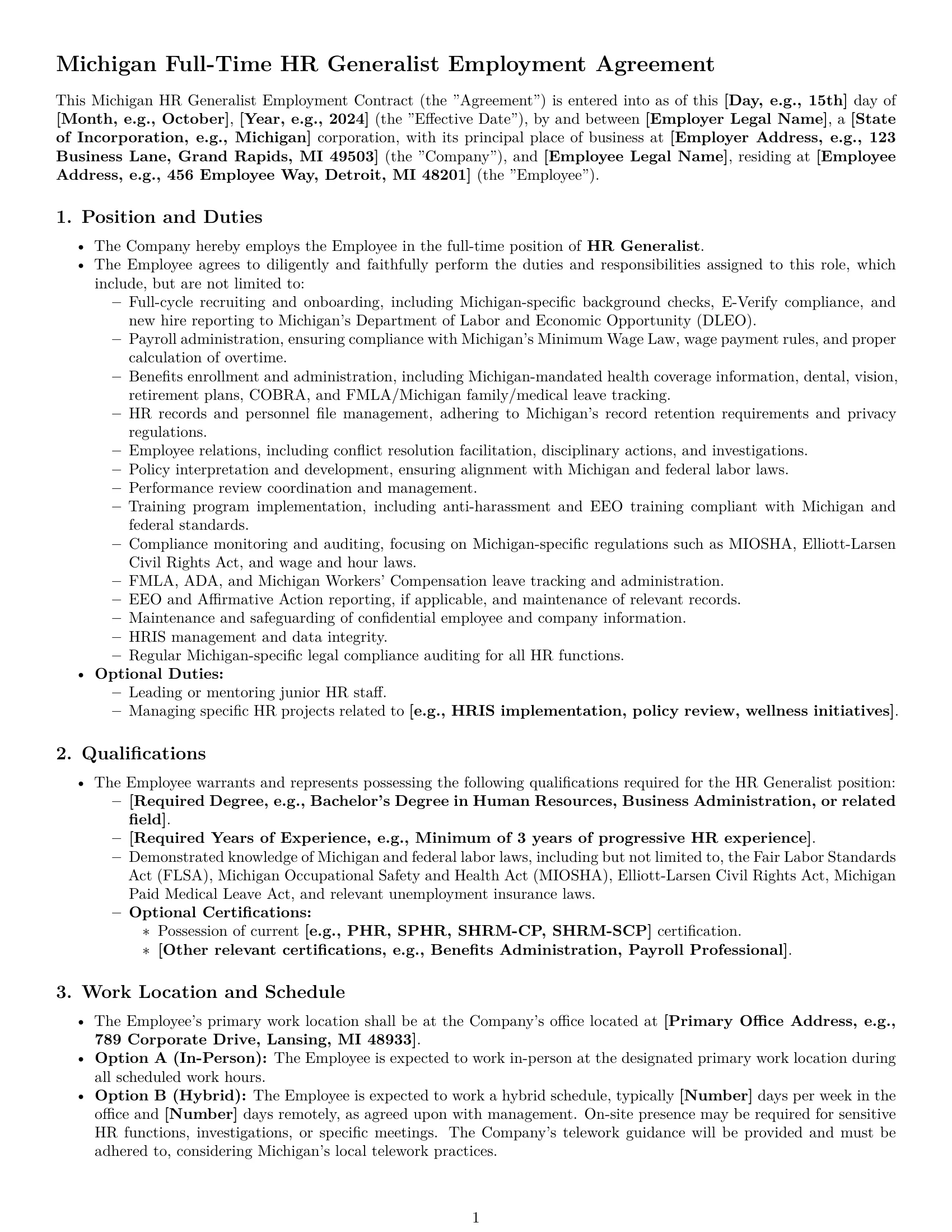 Preview page 1 of Pro Michigan HR generalist employment contract template