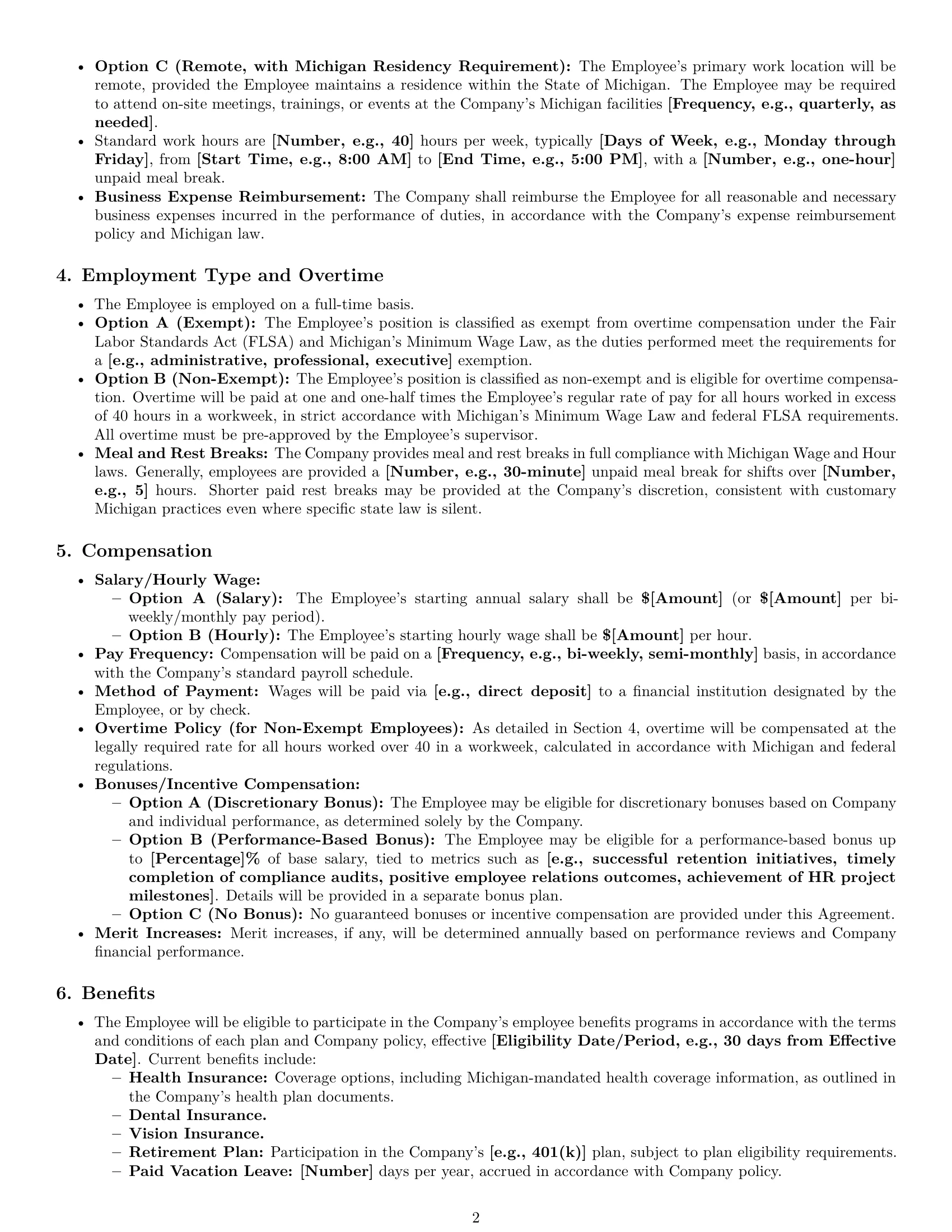 Preview page 2 of Pro Michigan HR generalist employment contract template