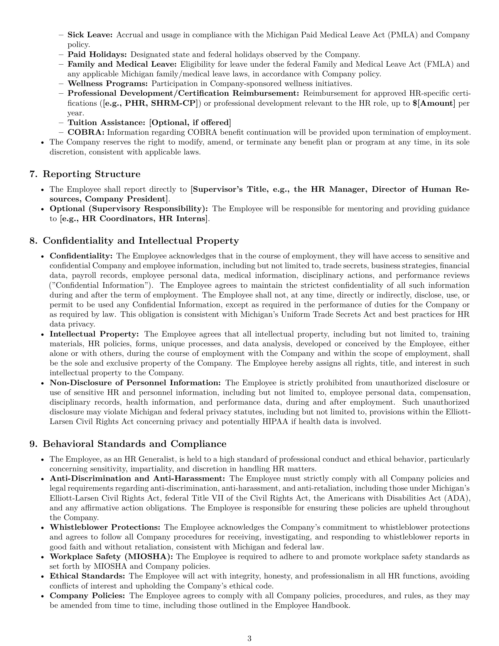 Preview page 3 of Pro Michigan HR generalist employment contract template