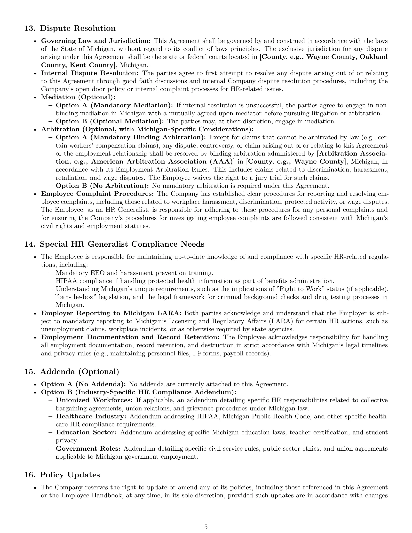 Preview page 5 of Pro Michigan HR generalist employment contract template