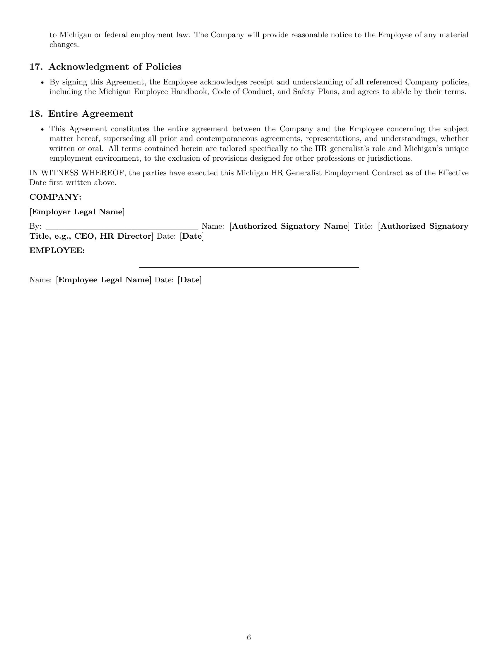 Preview page 6 of Pro Michigan HR generalist employment contract template