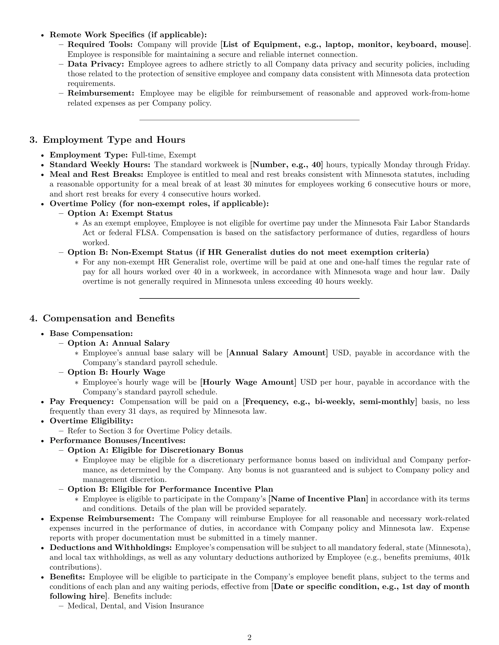 Preview page 2 of Pro Minnesota HR generalist employment contract template
