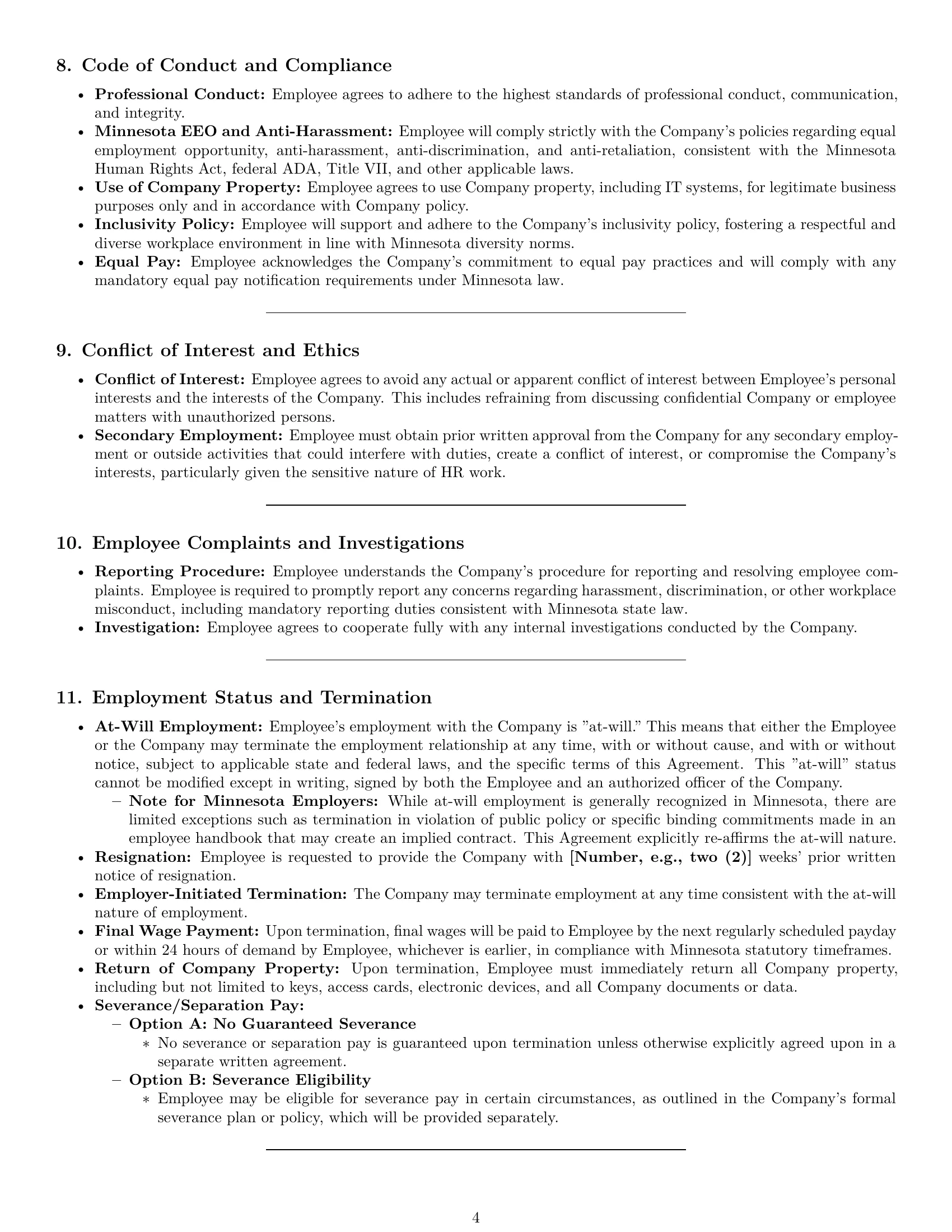 Preview page 4 of Pro Minnesota HR generalist employment contract template