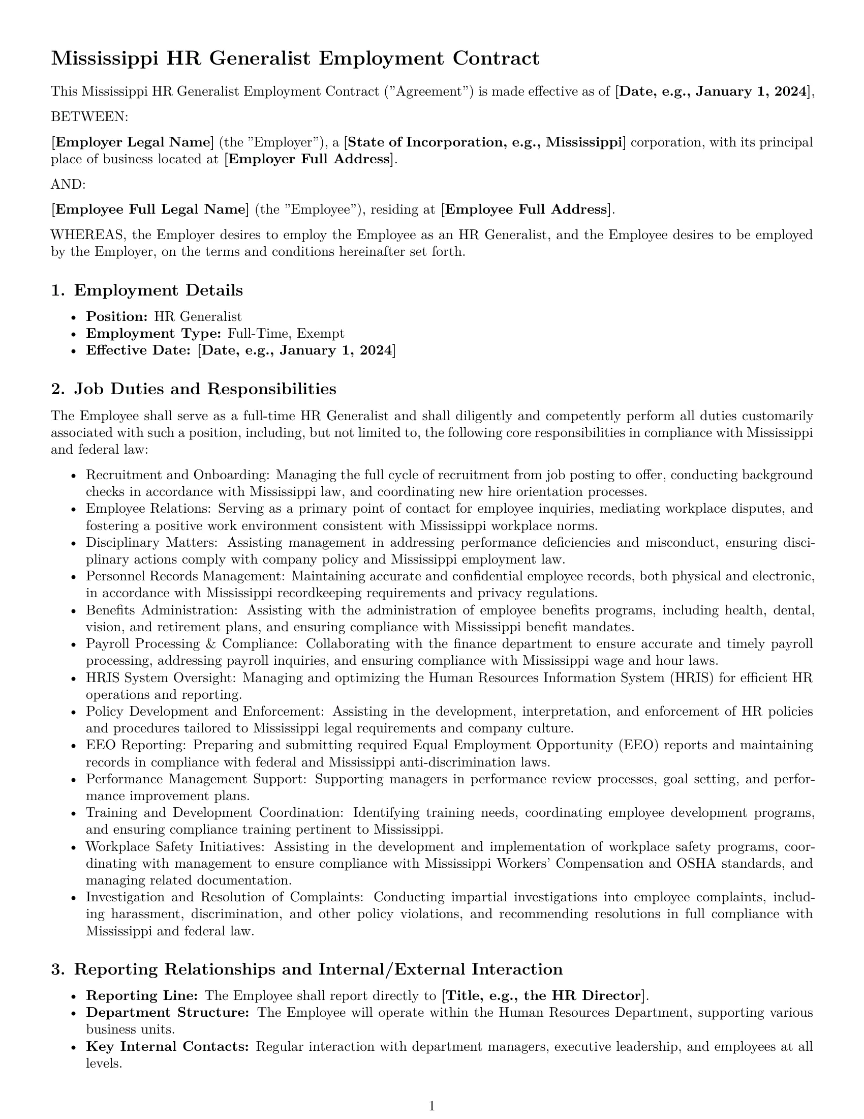 Preview page 1 of Pro Mississippi HR generalist employment contract template