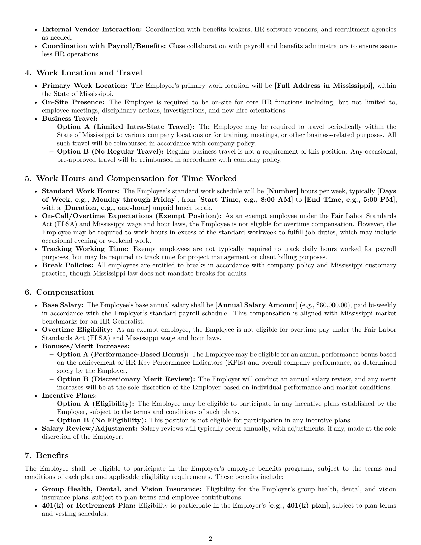 Preview page 2 of Pro Mississippi HR generalist employment contract template