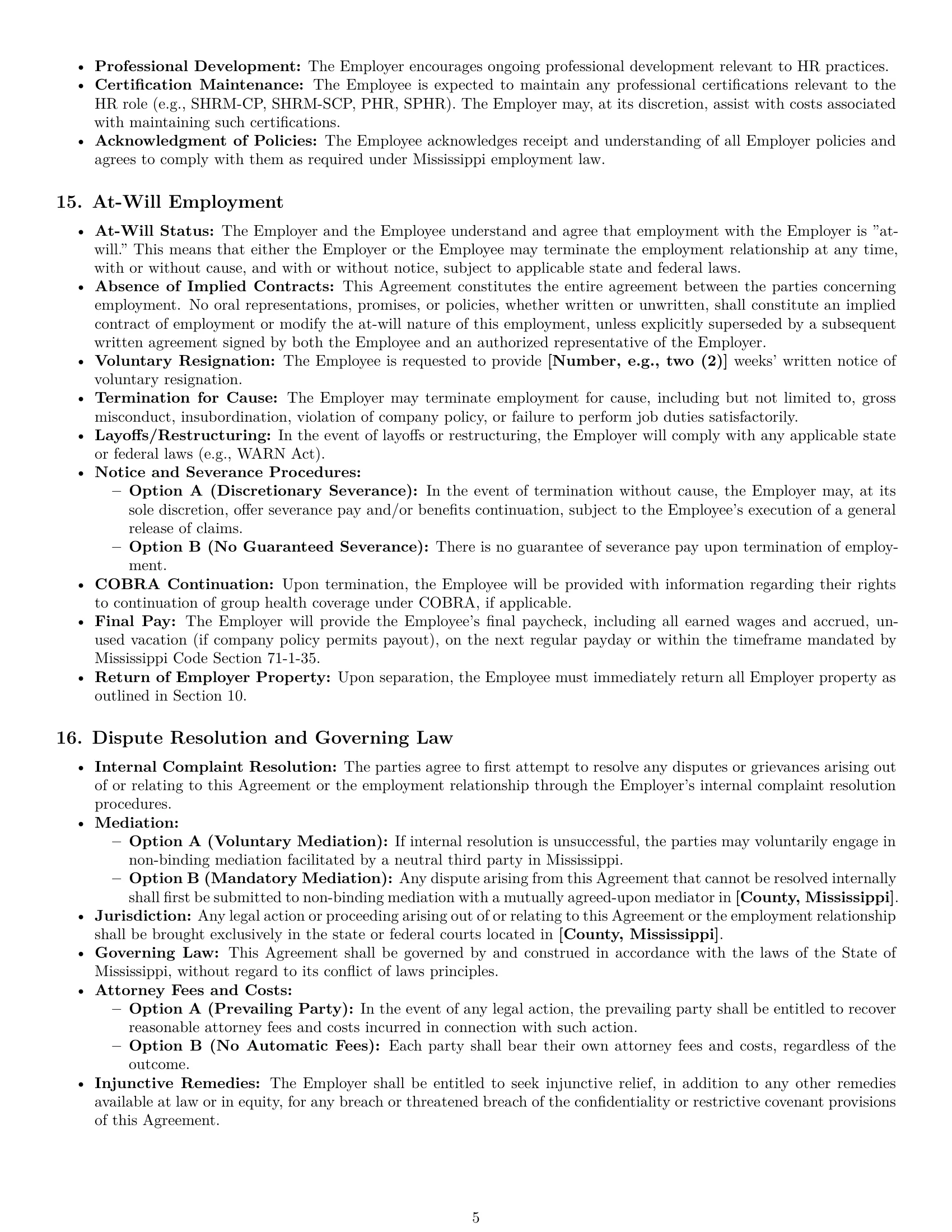 Preview page 5 of Pro Mississippi HR generalist employment contract template