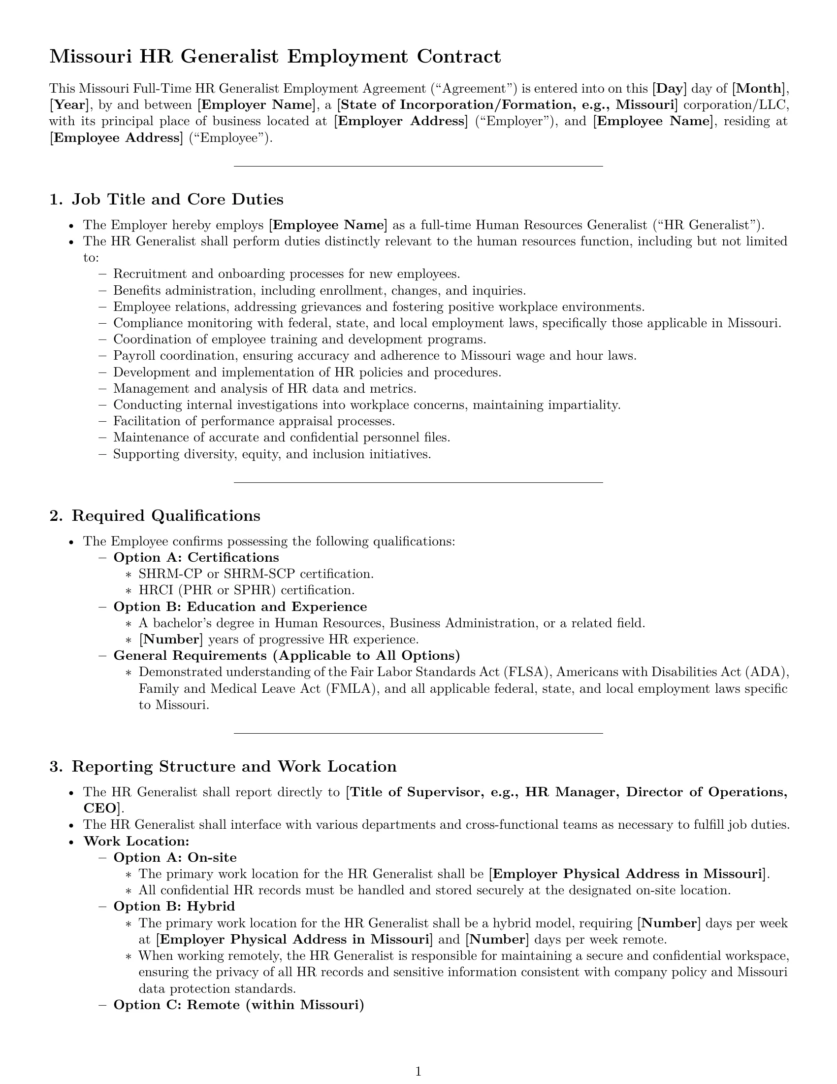 Preview page 1 of Pro Missouri HR generalist employment contract template