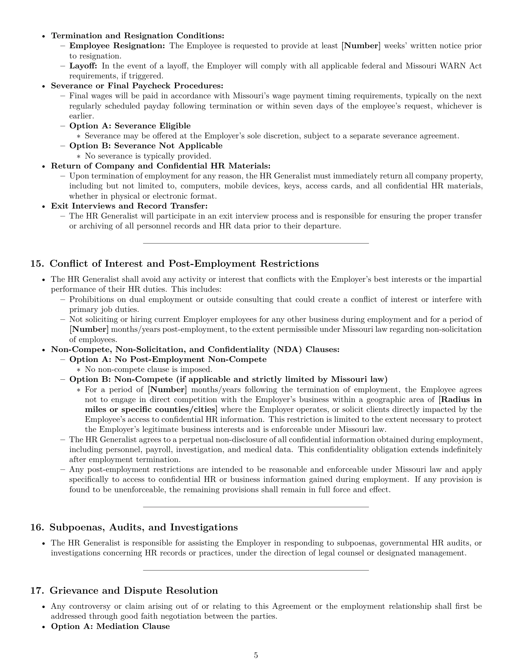 Preview page 5 of Pro Missouri HR generalist employment contract template