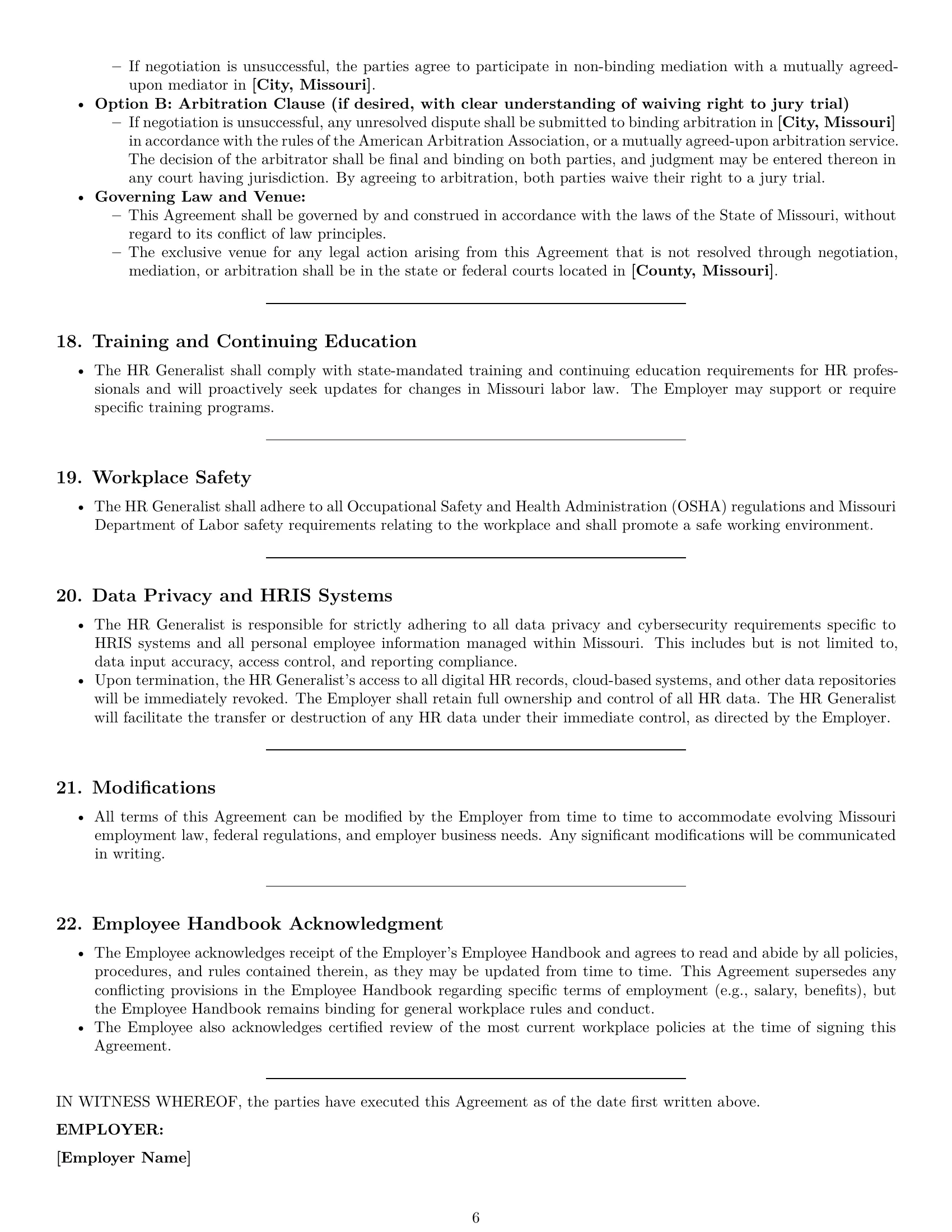 Preview page 6 of Pro Missouri HR generalist employment contract template