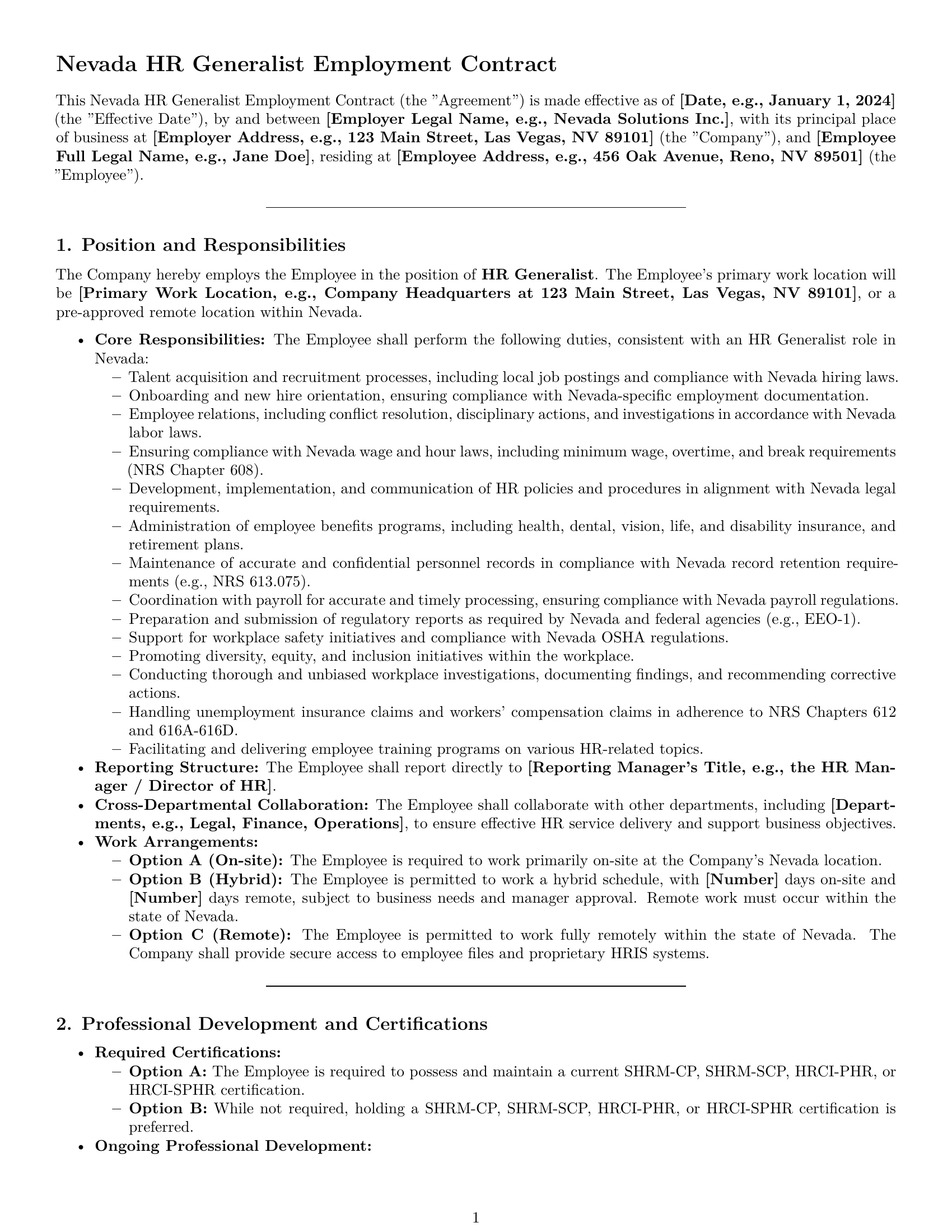 Preview page 1 of Pro Nevada HR generalist employment contract template