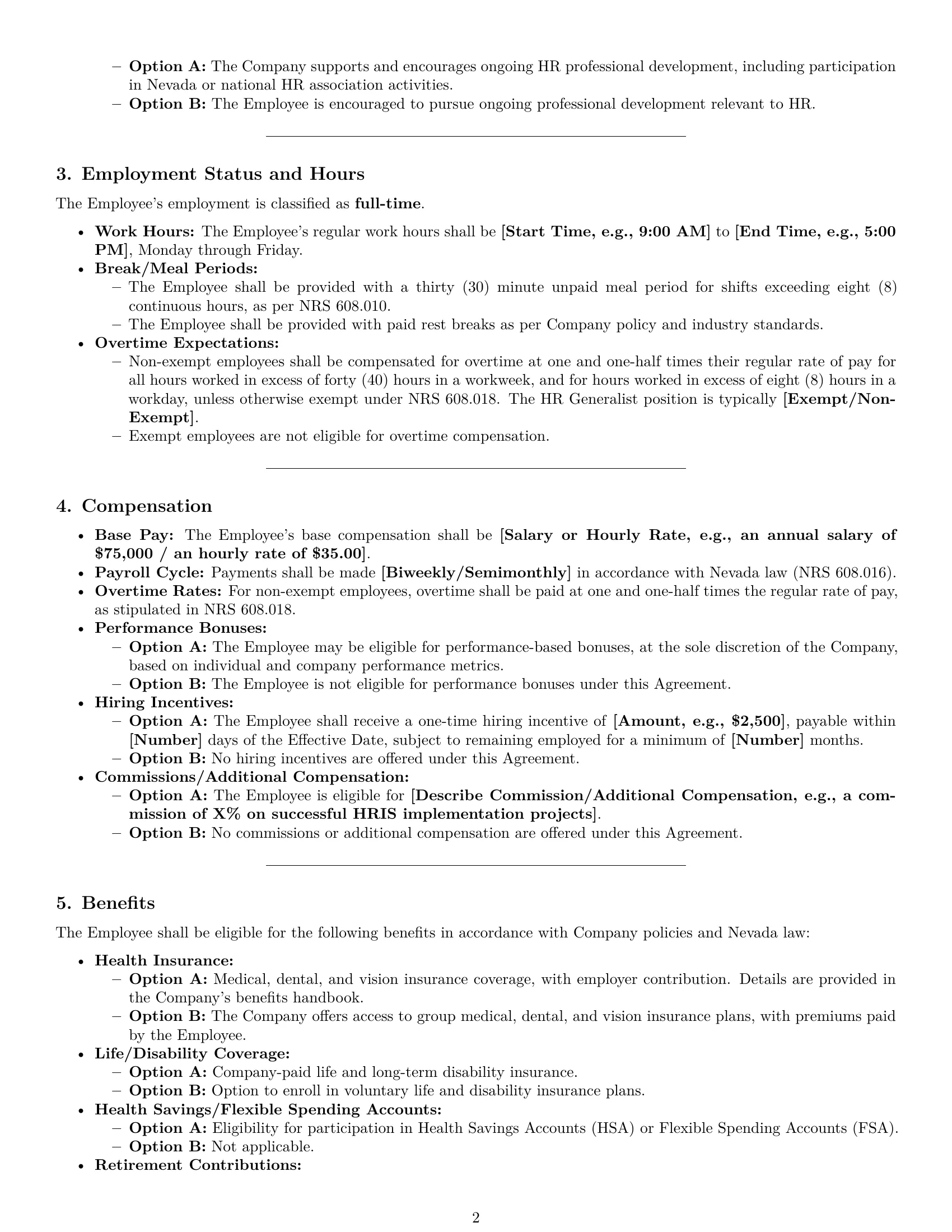 Preview page 2 of Pro Nevada HR generalist employment contract template