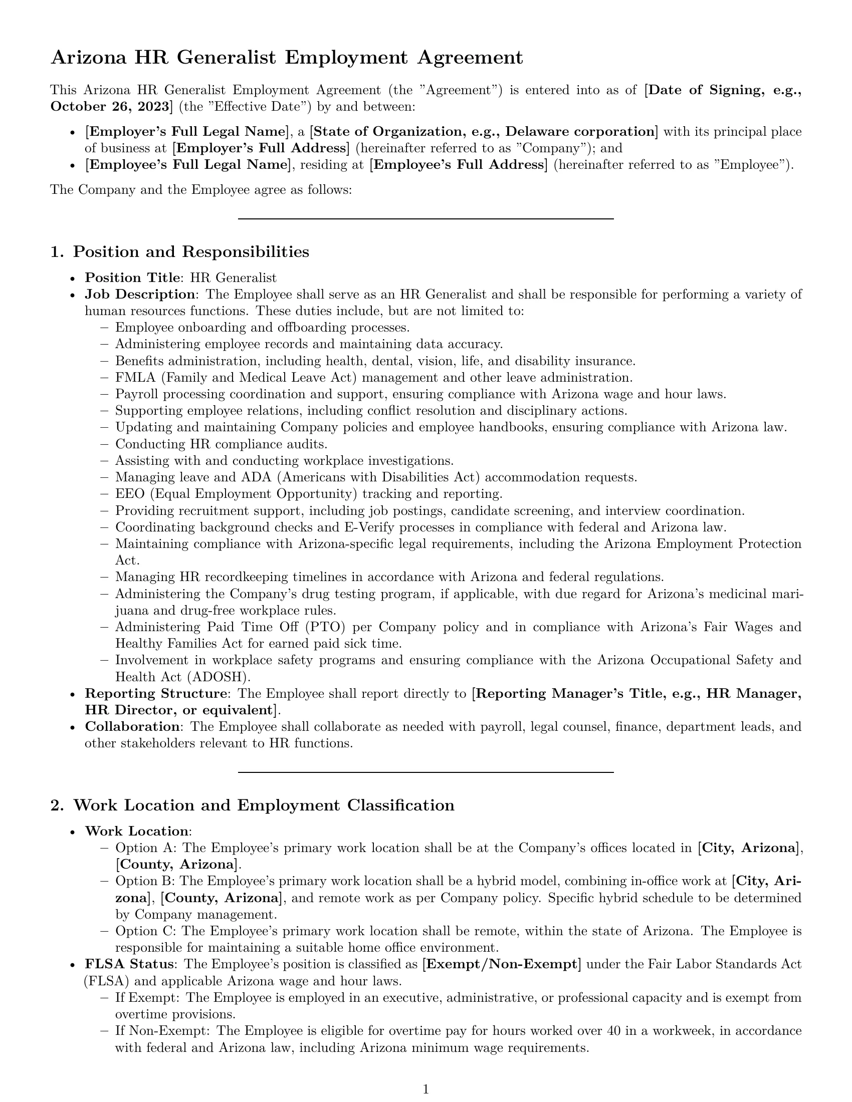 Preview page 1 of Pro Arizona HR generalist employment contract template