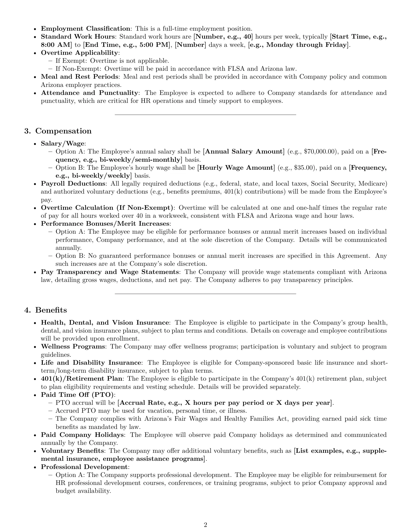 Preview page 2 of Pro Arizona HR generalist employment contract template