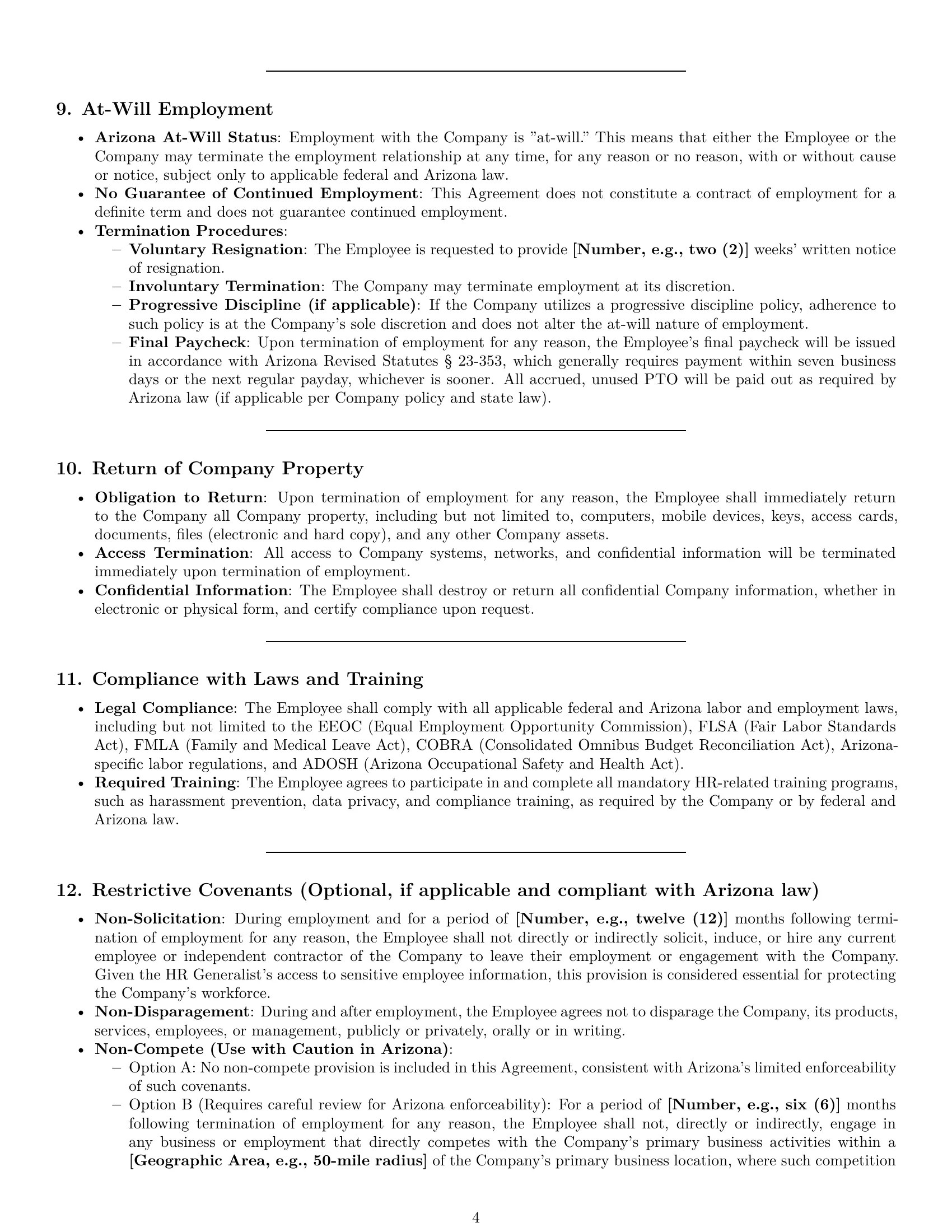 Preview page 4 of Pro Arizona HR generalist employment contract template