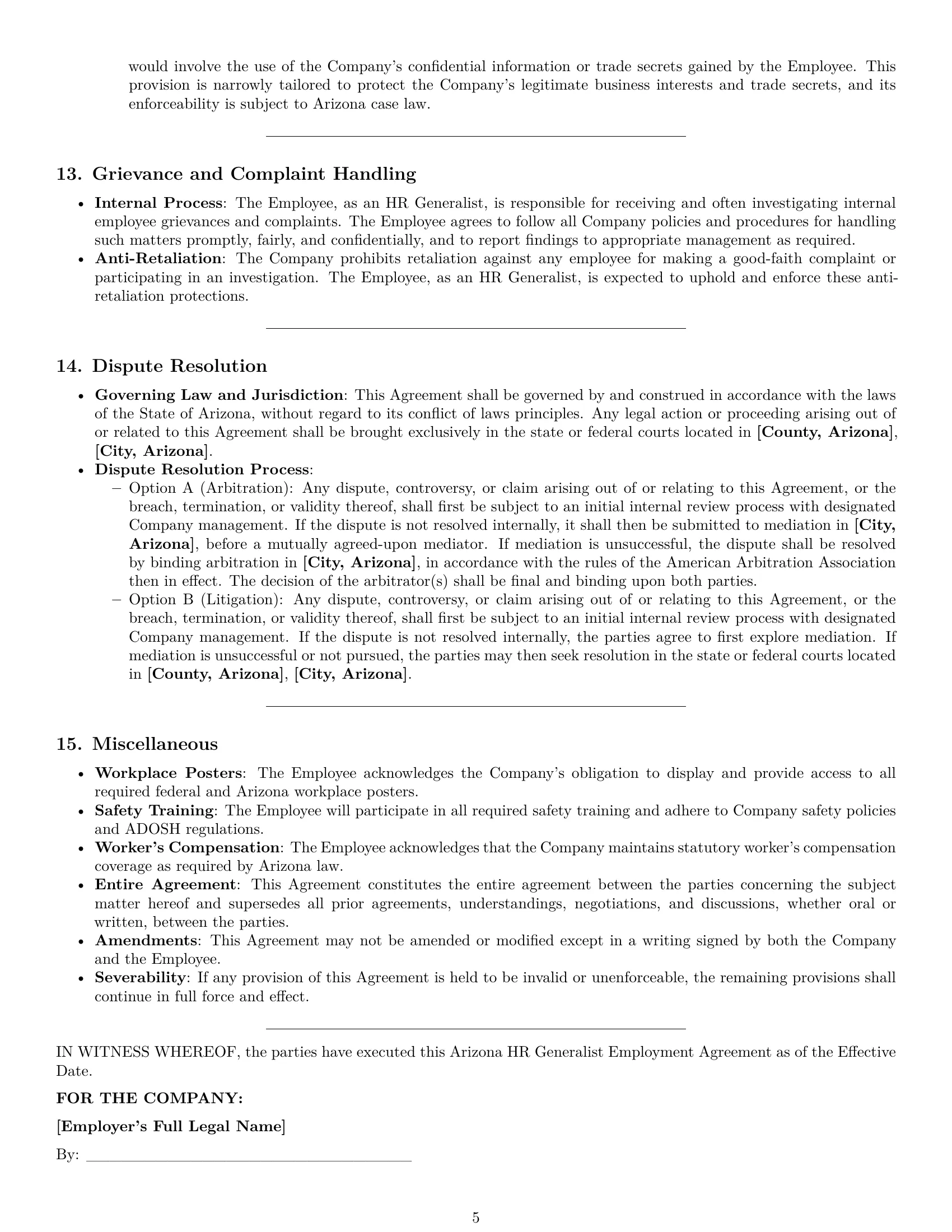 Preview page 5 of Pro Arizona HR generalist employment contract template