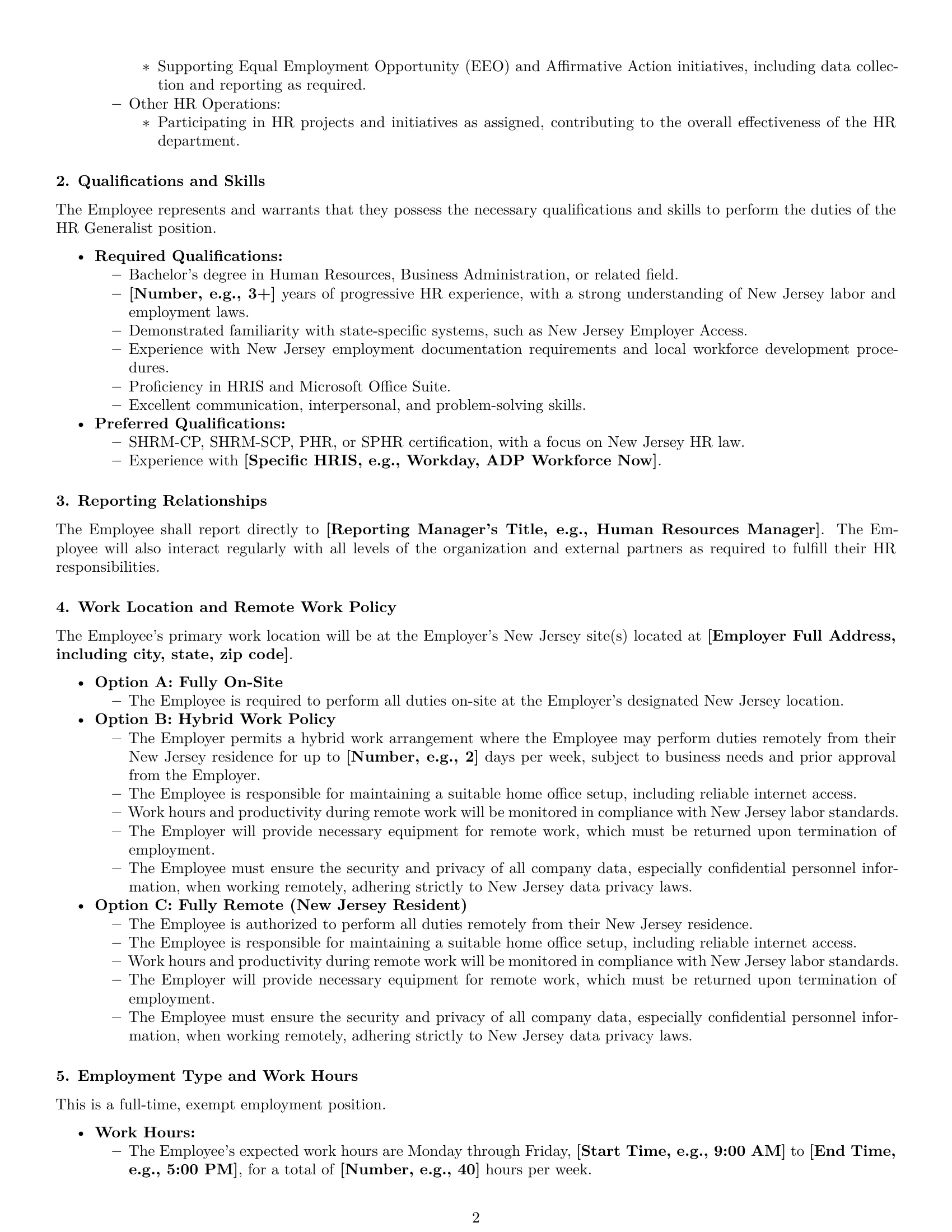 Preview page 2 of Pro New Jersey HR generalist employment contract template