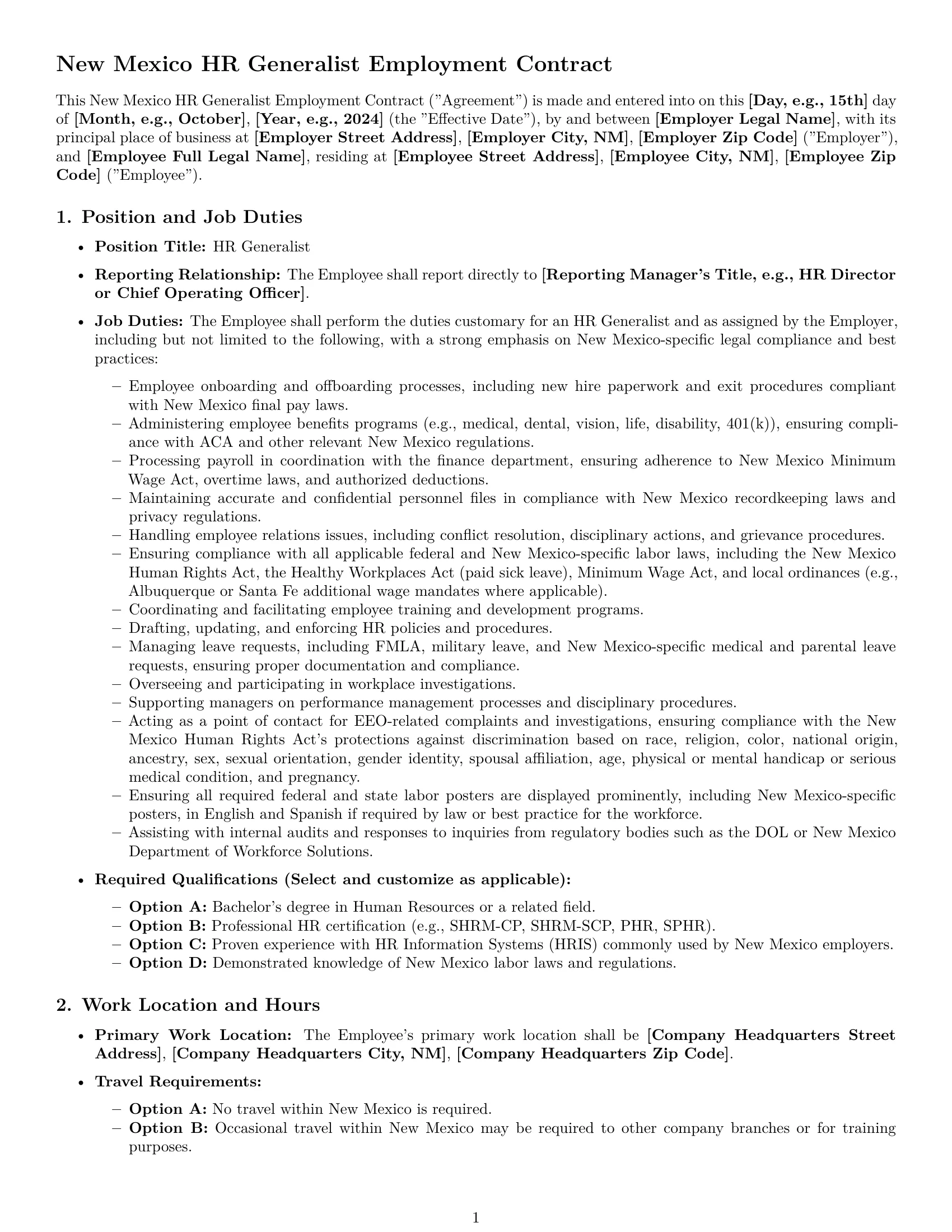 Preview page 1 of Pro New Mexico HR generalist employment contract template