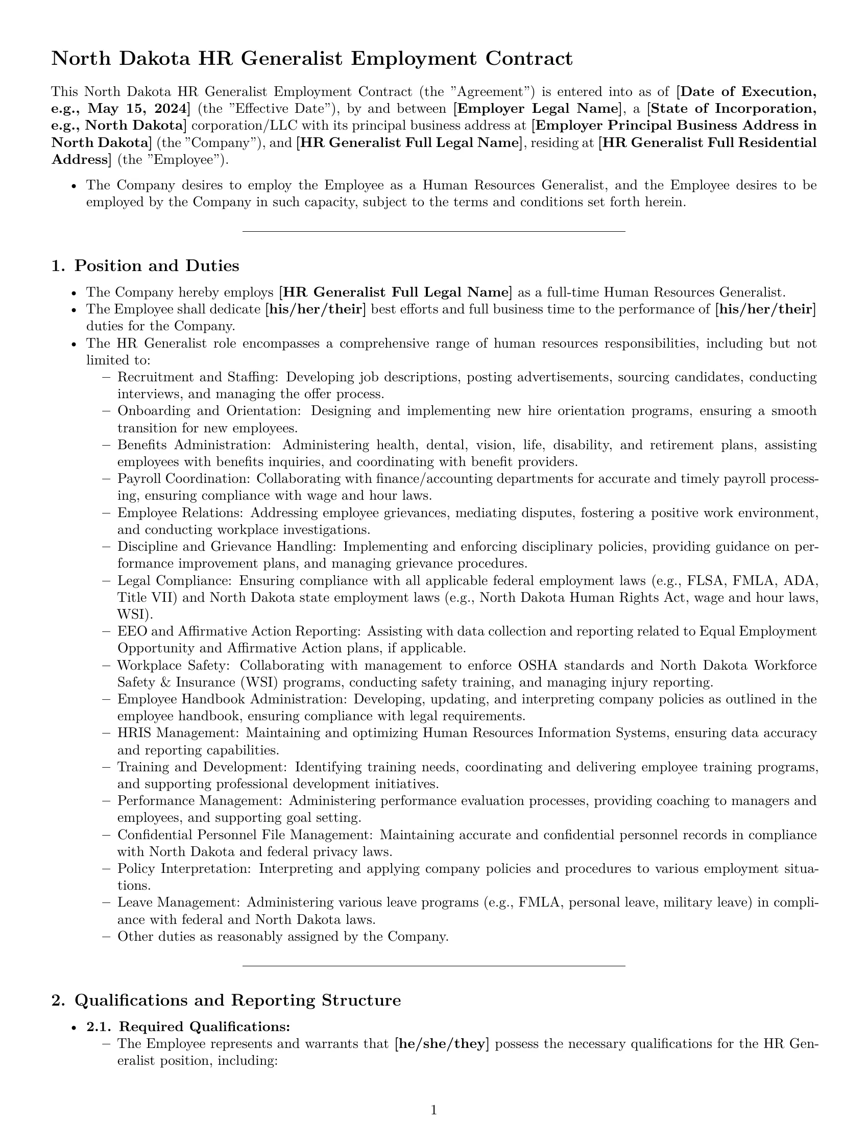 Preview page 1 of Pro North Dakota HR generalist employment contract template