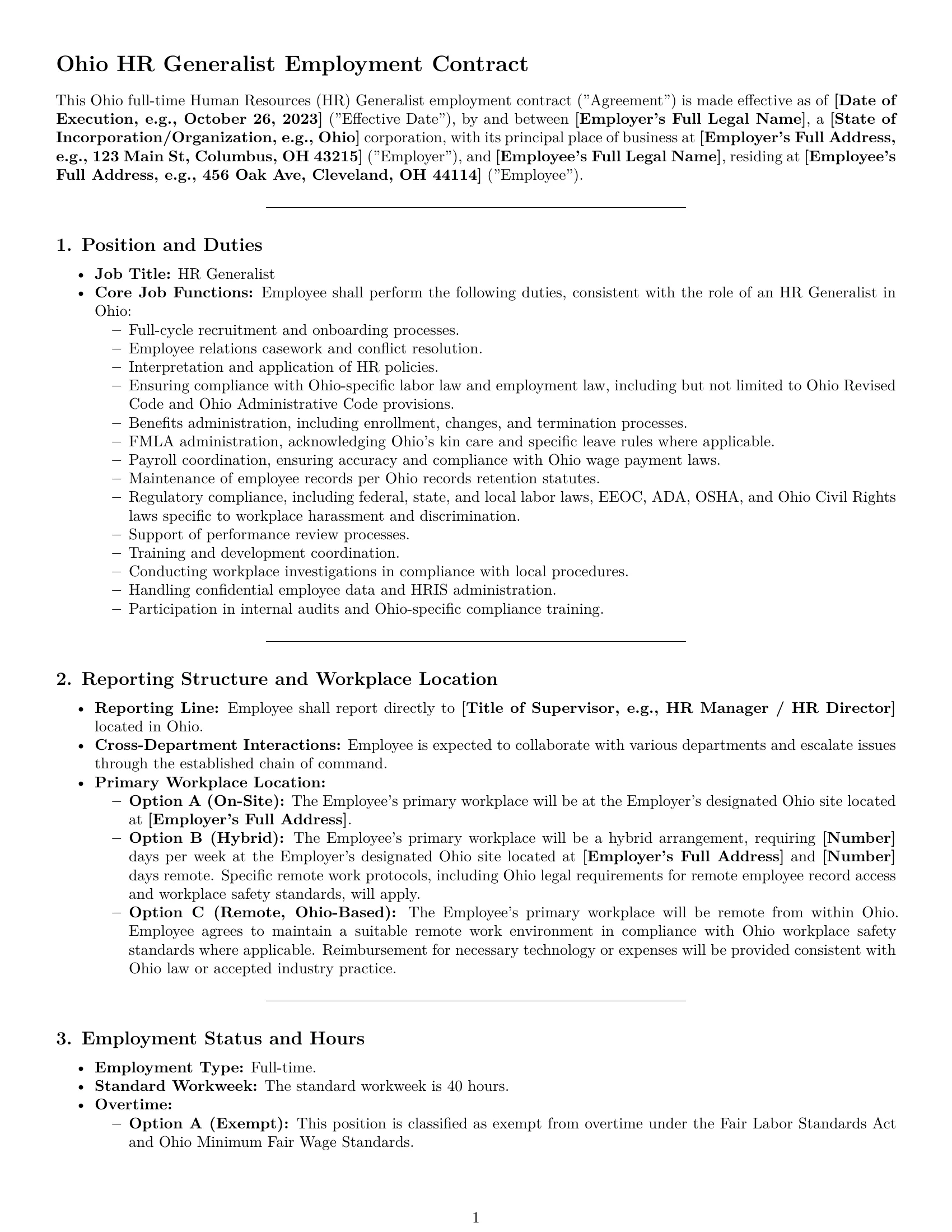Preview page 1 of Pro Ohio HR generalist employment contract template