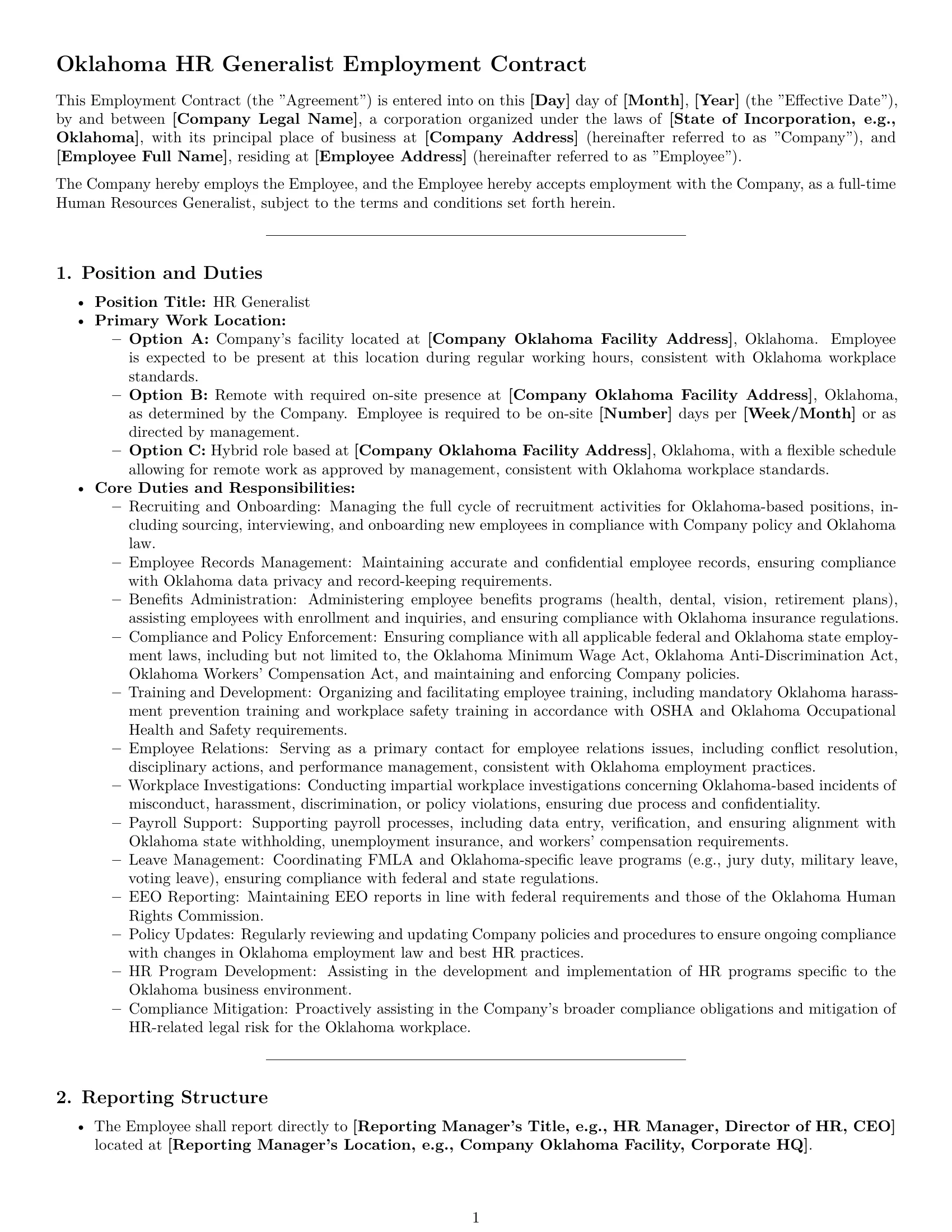 Preview page 1 of Pro Oklahoma HR generalist employment contract template