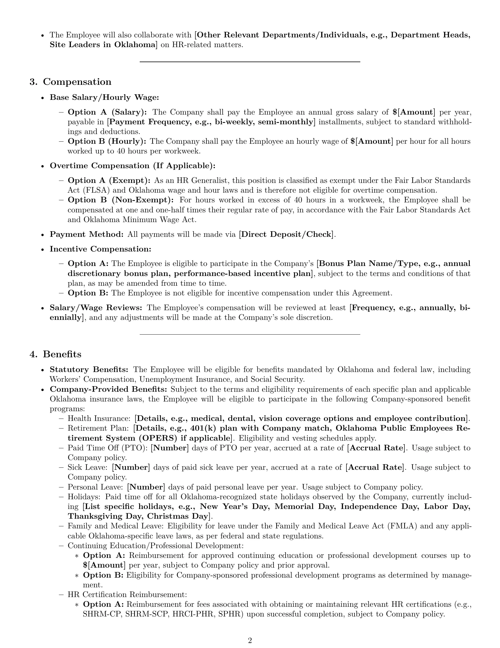 Preview page 2 of Pro Oklahoma HR generalist employment contract template