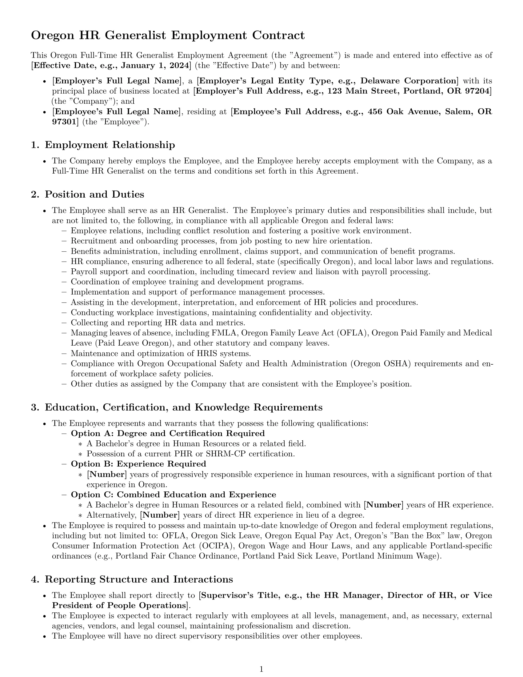 Preview page 1 of Pro Oregon HR generalist employment contract template