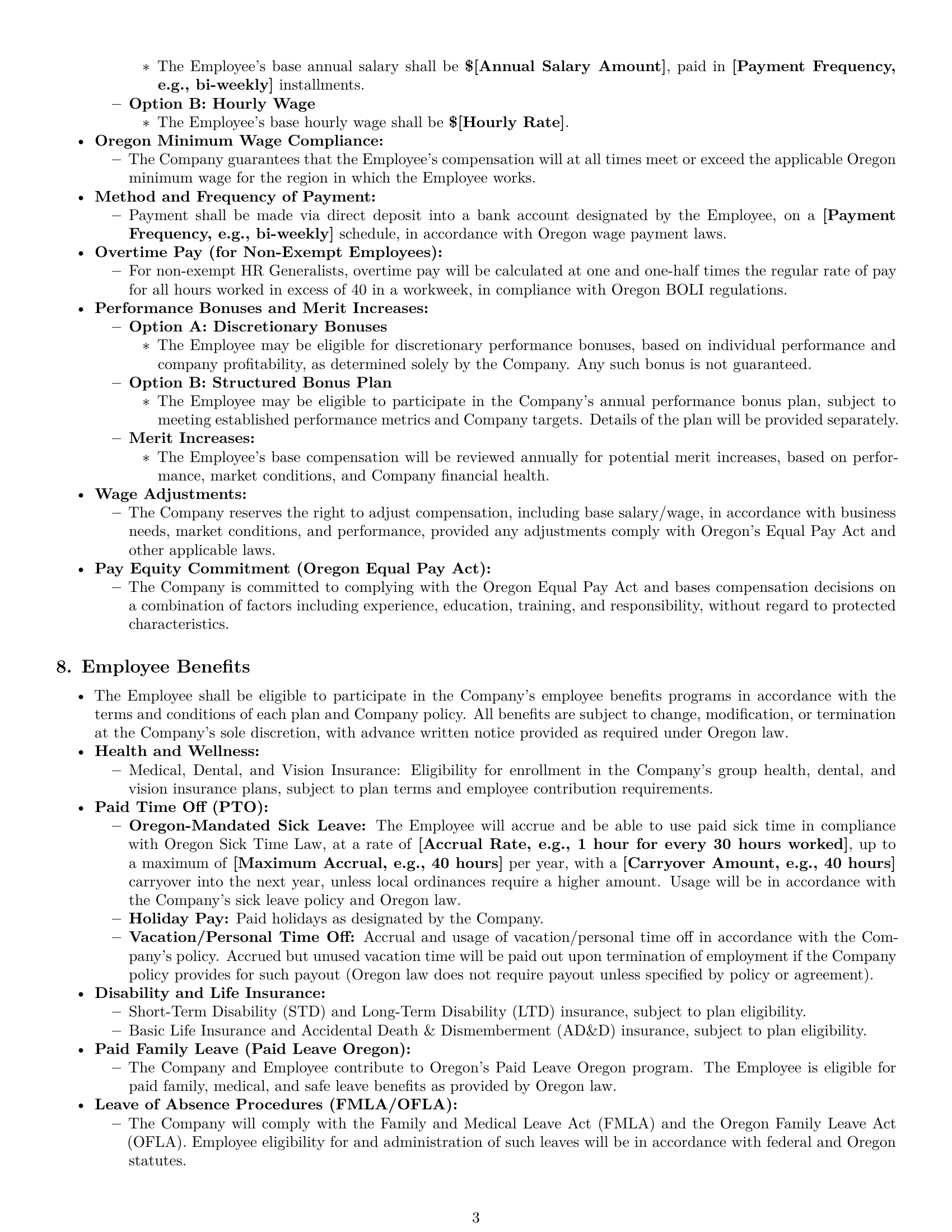 Preview page 3 of Pro Oregon HR generalist employment contract template