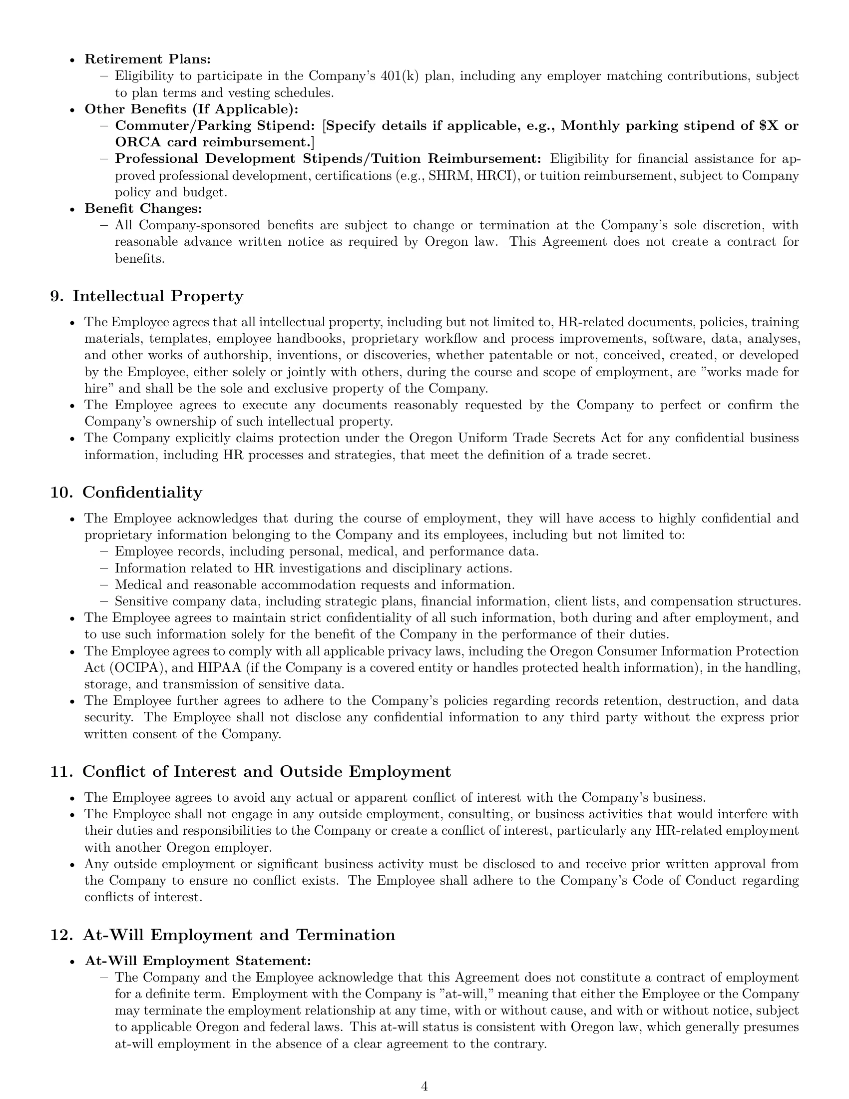 Preview page 4 of Pro Oregon HR generalist employment contract template