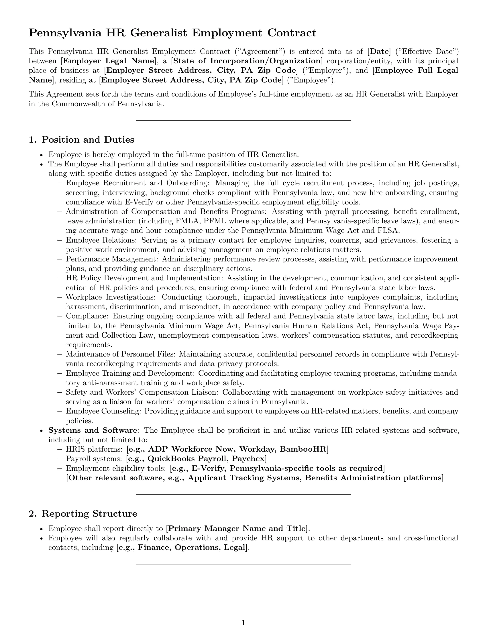 Preview page 1 of Pro Pennsylvania HR generalist employment contract template