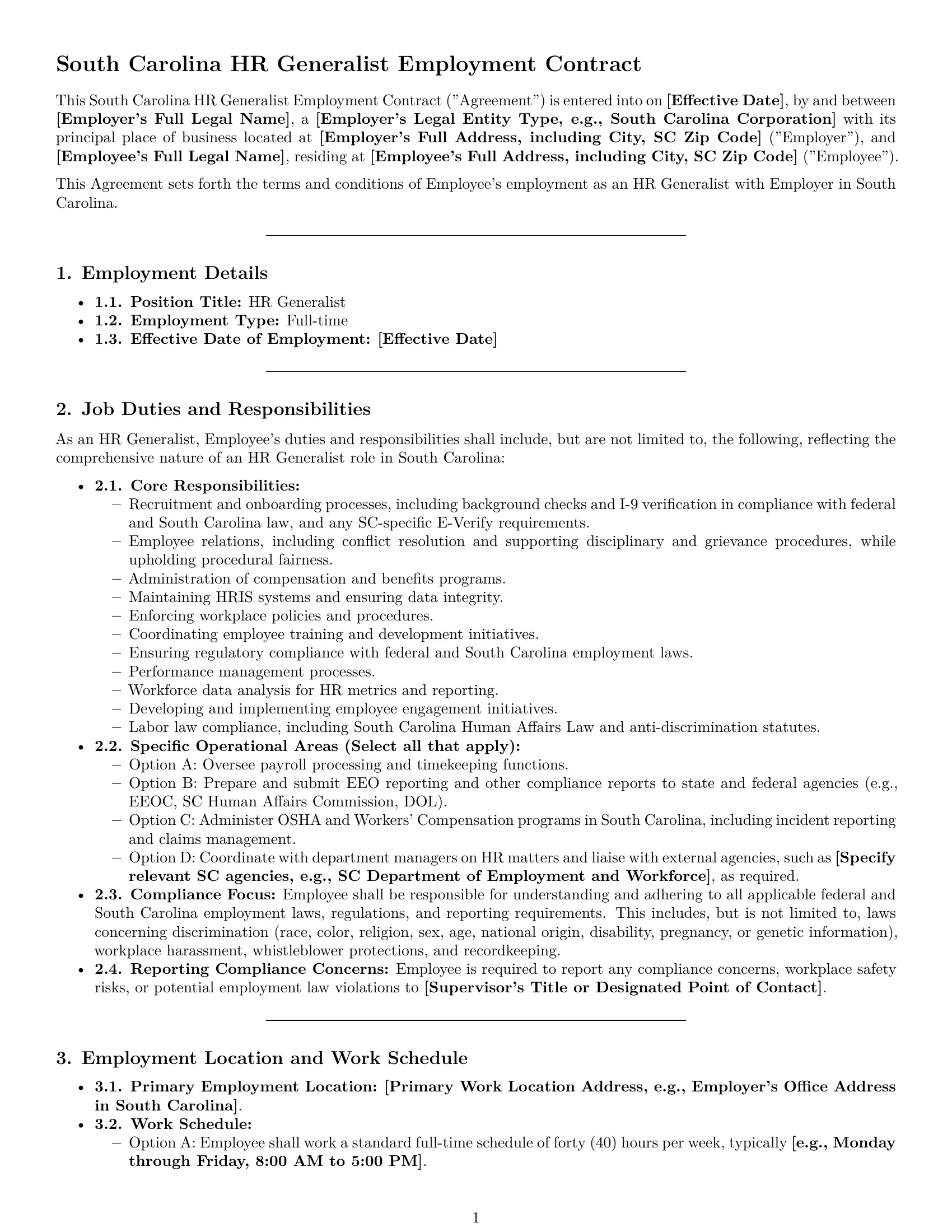 Preview page 1 of Pro South Carolina HR generalist employment contract template